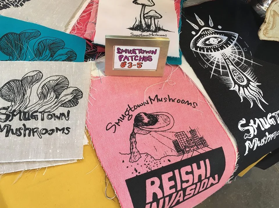 Smugtown Mushroom Patch set, Miscellaneous Mushroom themed Screen Printed Patches, Mycology Fabric