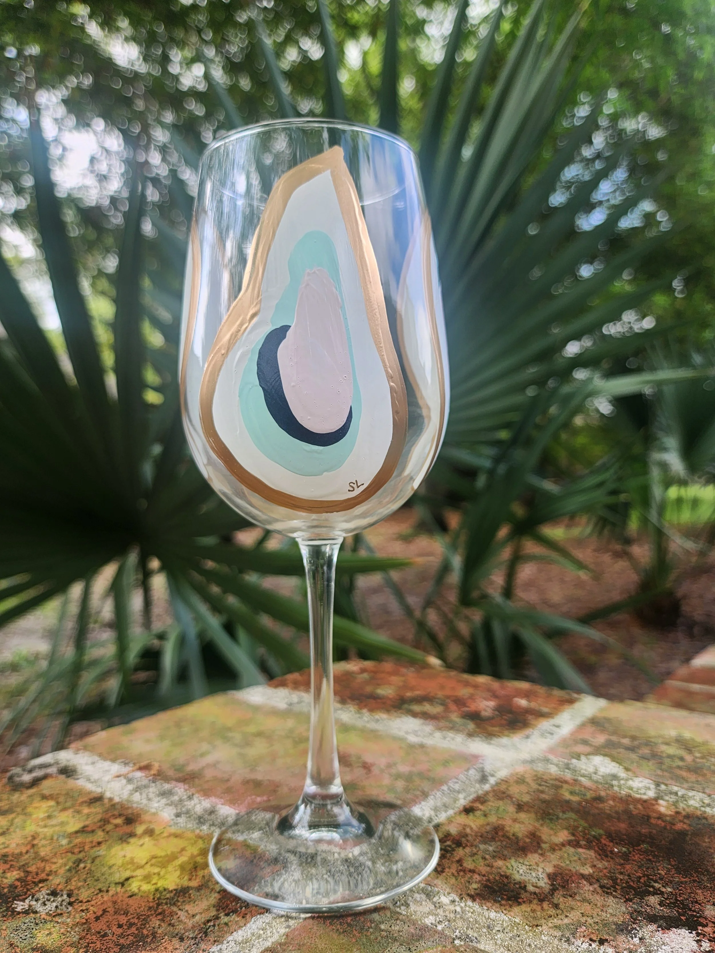 Hand Painted Oyster Tall Wine Glass Stemmed - Beach Sunset