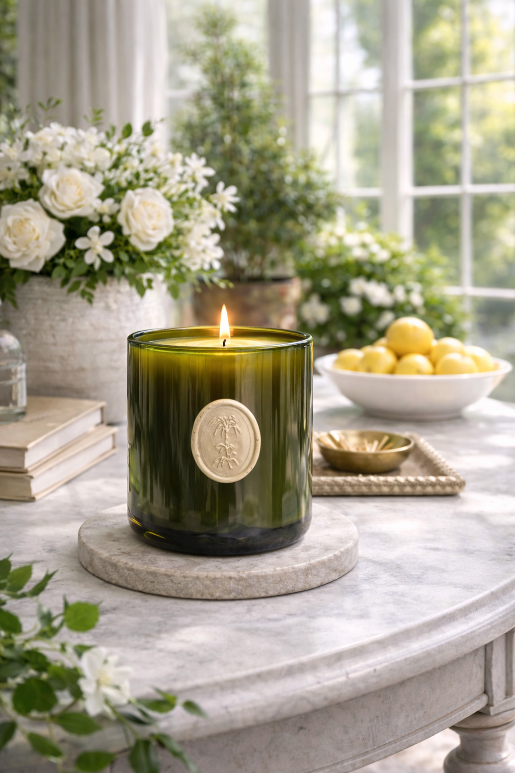 Green candle in sunlit conservatory.png