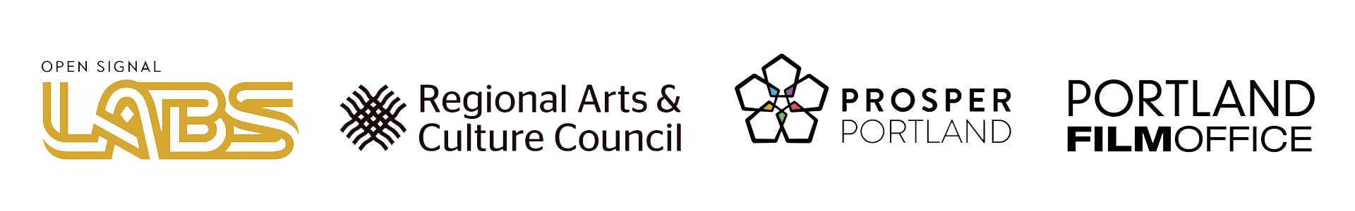 Logos for Open Signal Labs, Regional Arts and Culture Council, Prosper Portland, and Portland Film Office