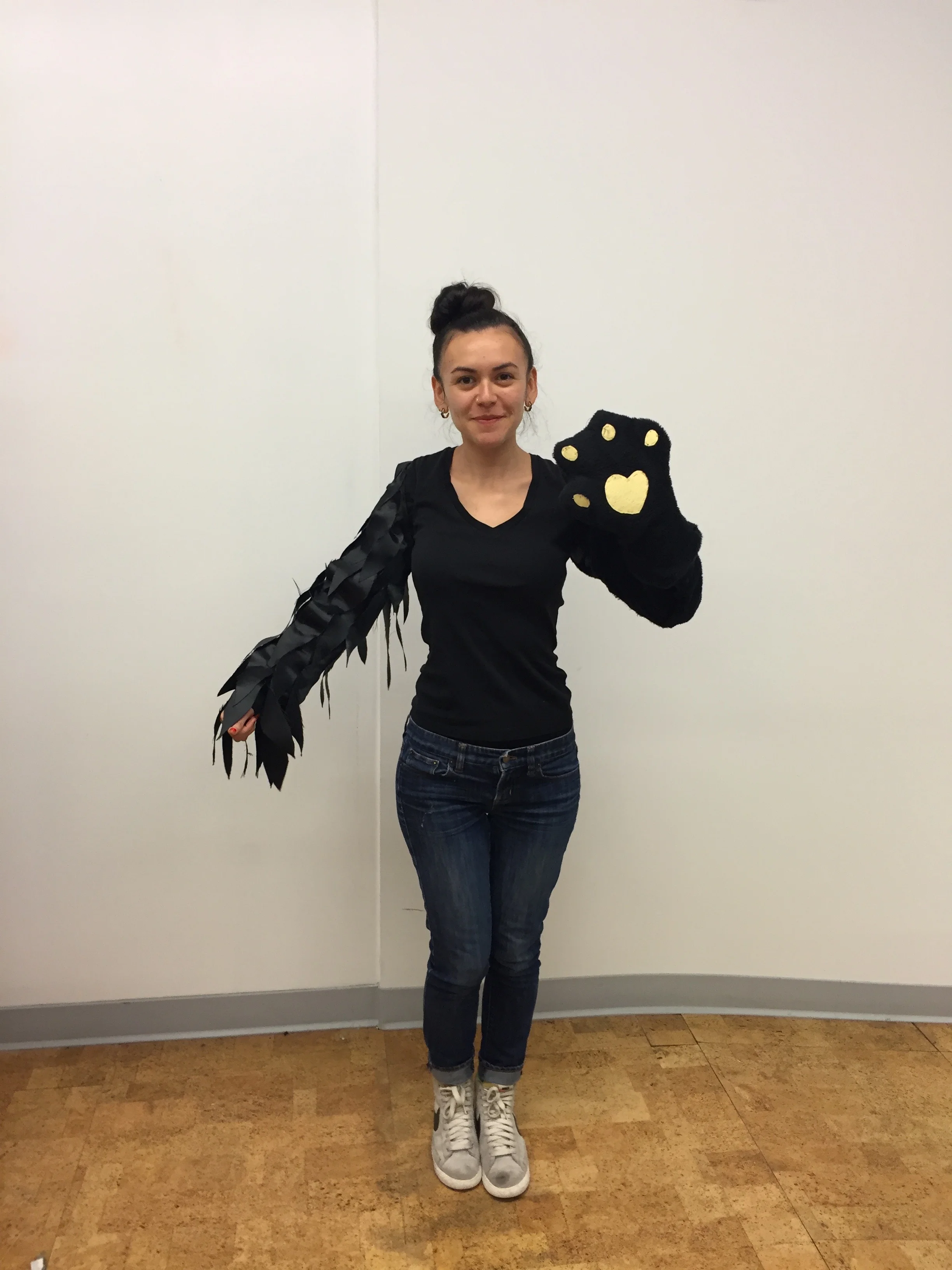 Created this costume to play the video game Graveyard Escape -- scratch with the cat claw and flap with the raven arm to navigate the game. 