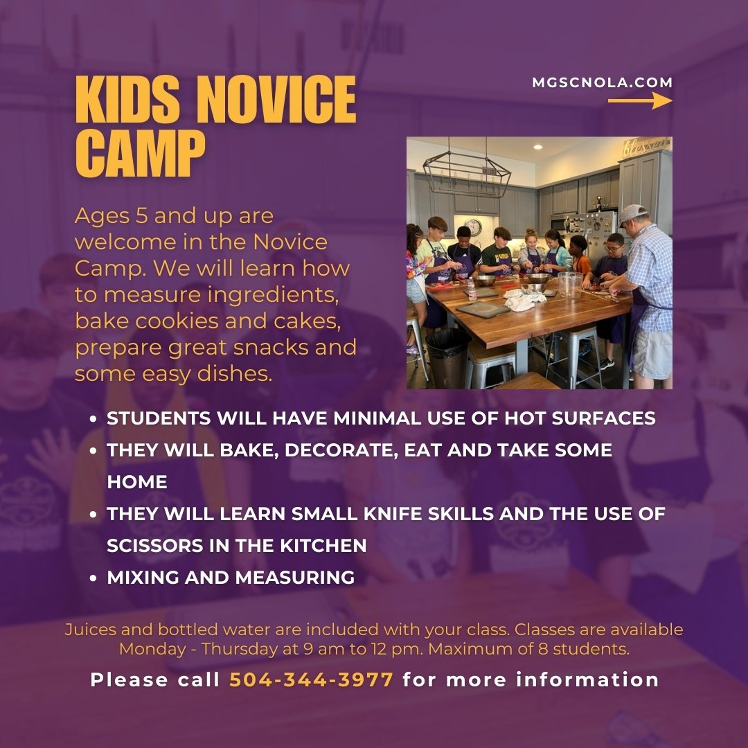 Kids Novice Camp is where little hands make big flavors! Starting from age 5, our mini chefs learn to bake and decorate delicious treats to share. Sign them up for a dash of fun and a pinch of learning! 
Call 504-344-3977
#LittleChefsBigDreams #KidsC