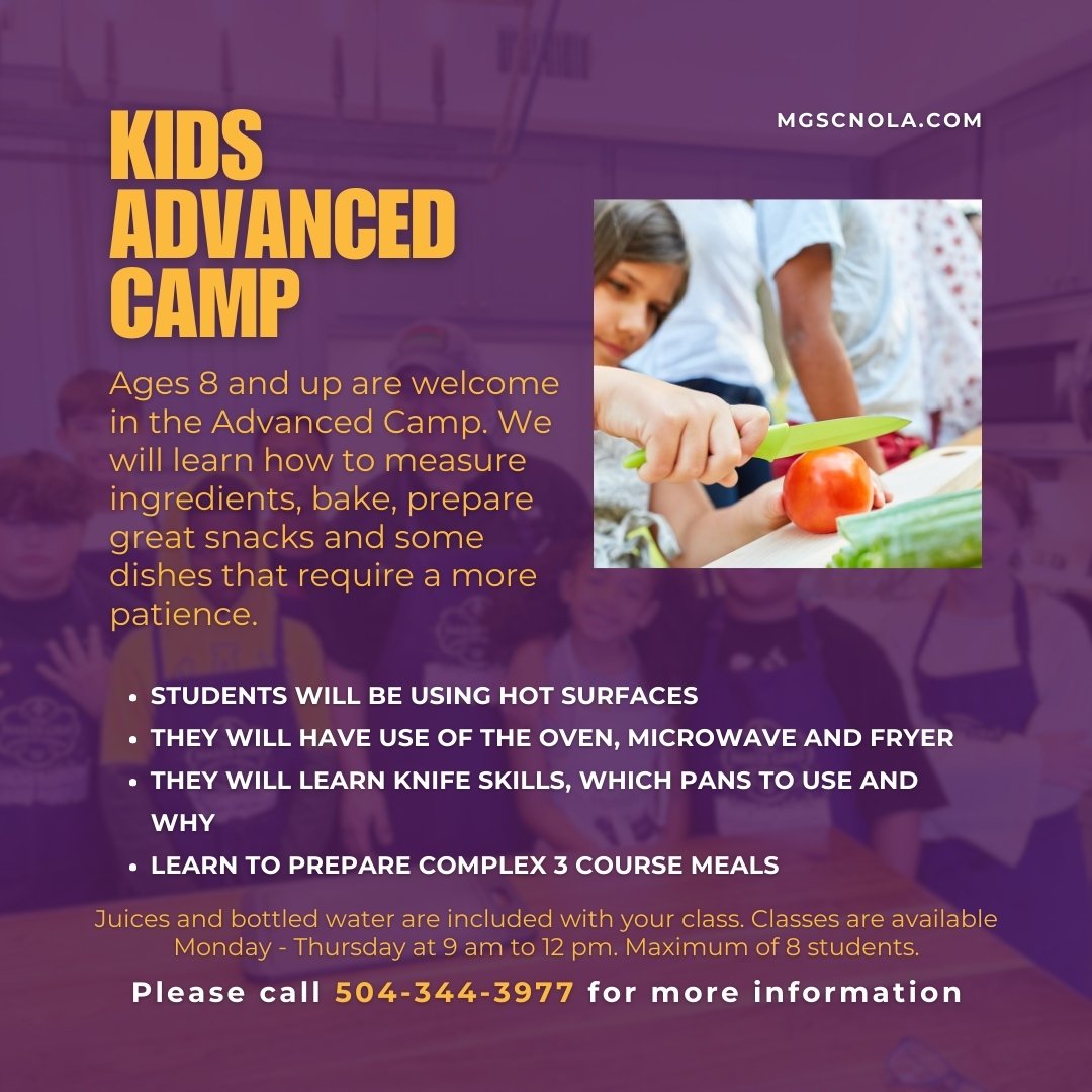 Future master chefs, our Kids Advanced Camp is calling you! Ages 8 and up can delve into sophisticated cooking techniques and complex 3-course meals. This camp is a recipe for confidence and skill&mdash;reserve a spot now! Call 504-344-3977
#Advanced