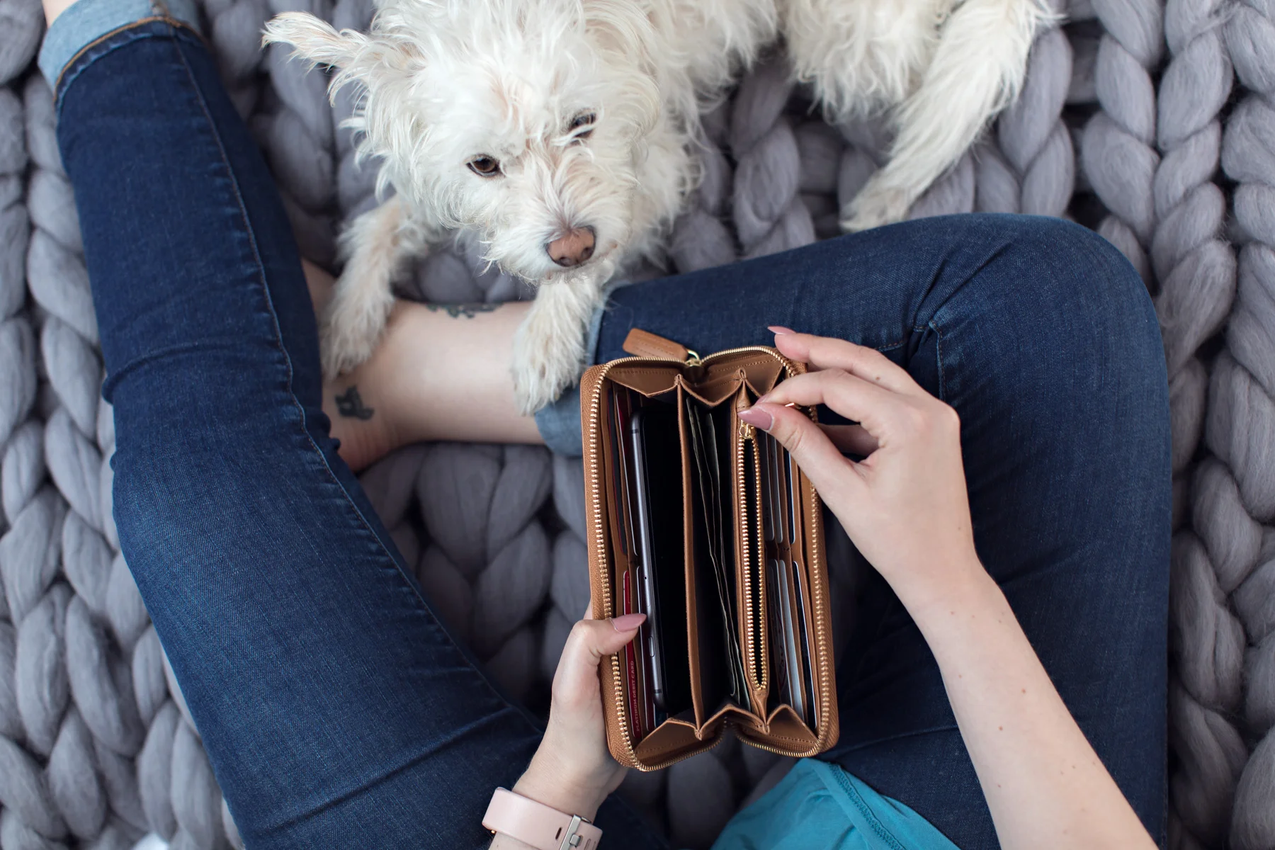 Product photography image, taken from above, of an Era81 leather wallet, along with a cute, white, poodle pup (dog).