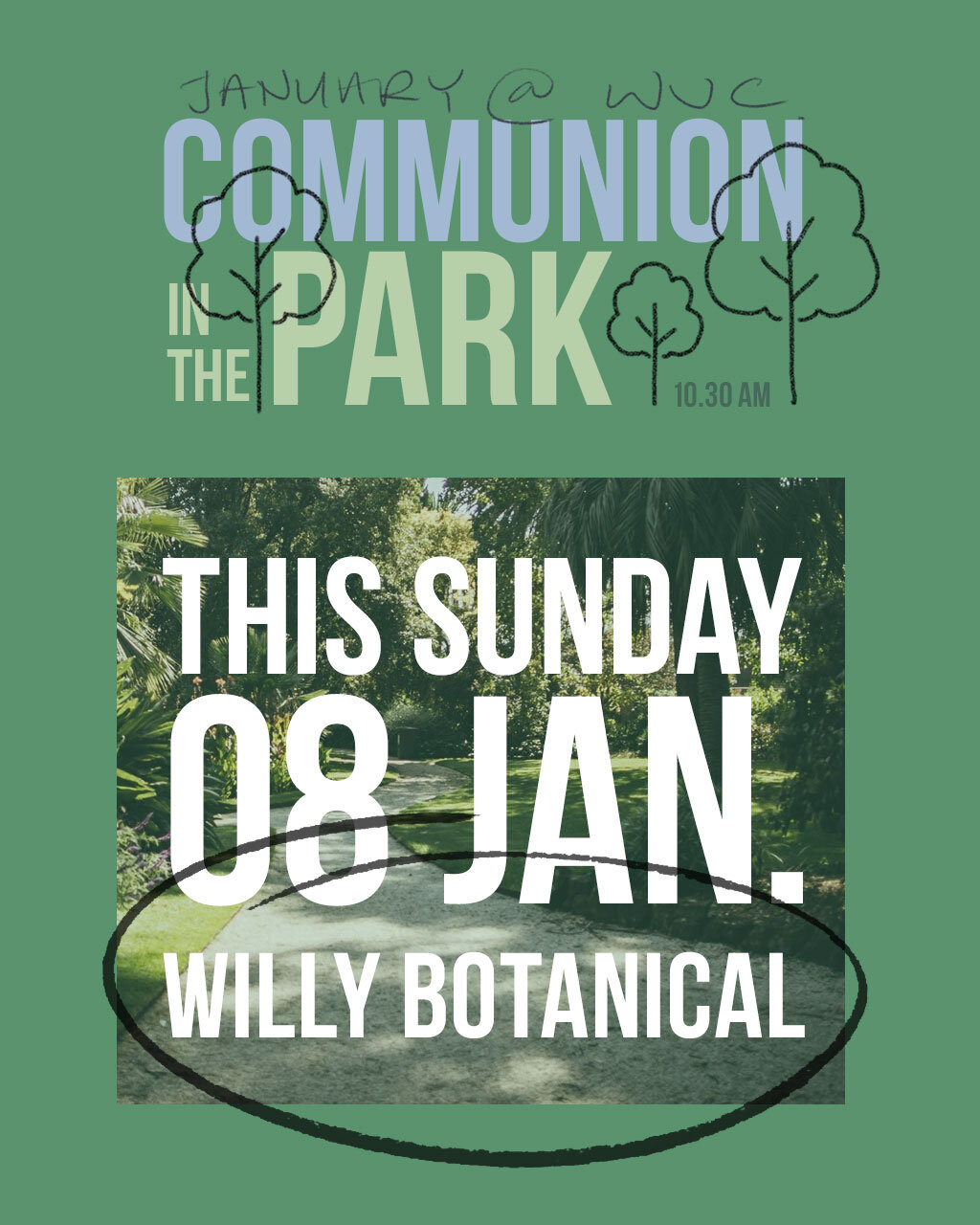 Grab your picnic basket and meet us at Willy Botanical for Communion in the Park. This Sunday, 10.30 am. BYO snacks. No Service at Champion Rd. More info: www.wvc.org.au/park