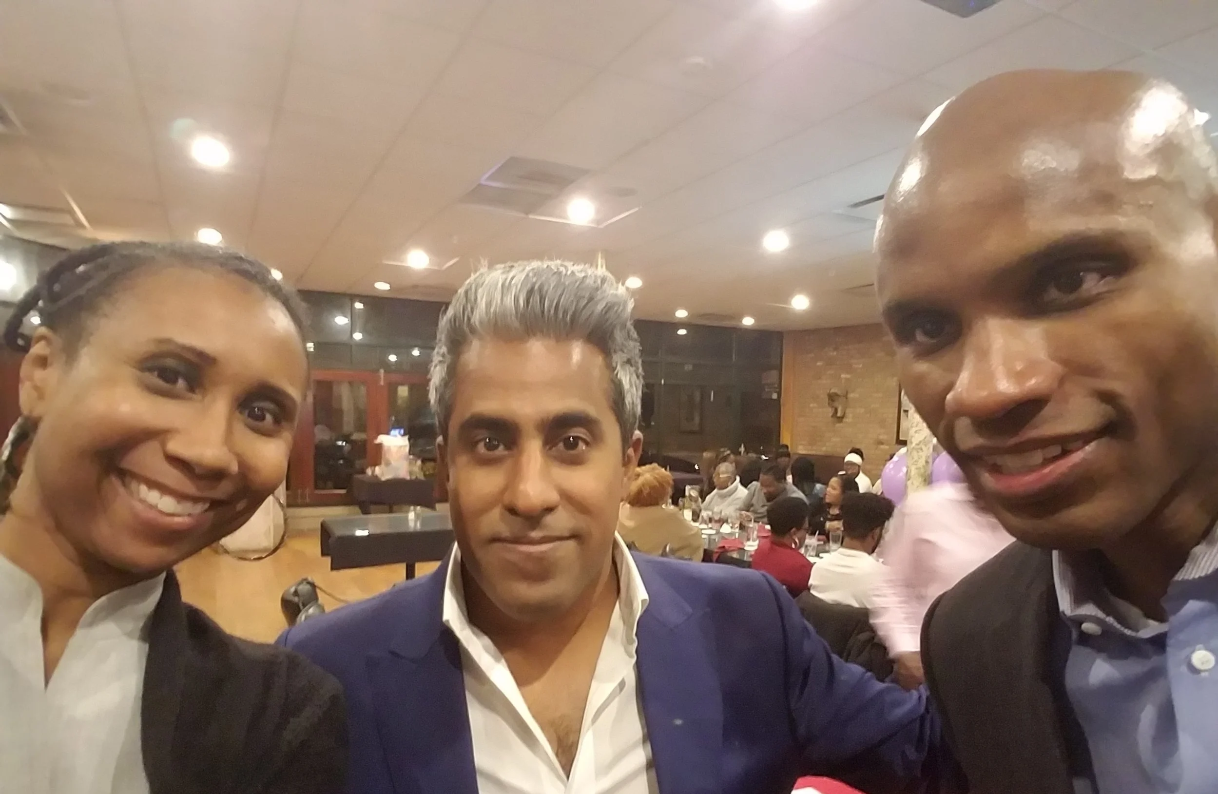 [Anand is the guy in the middle; that guy on the right is my hubby. If you haven’t figured it out, that’s me to the left.]