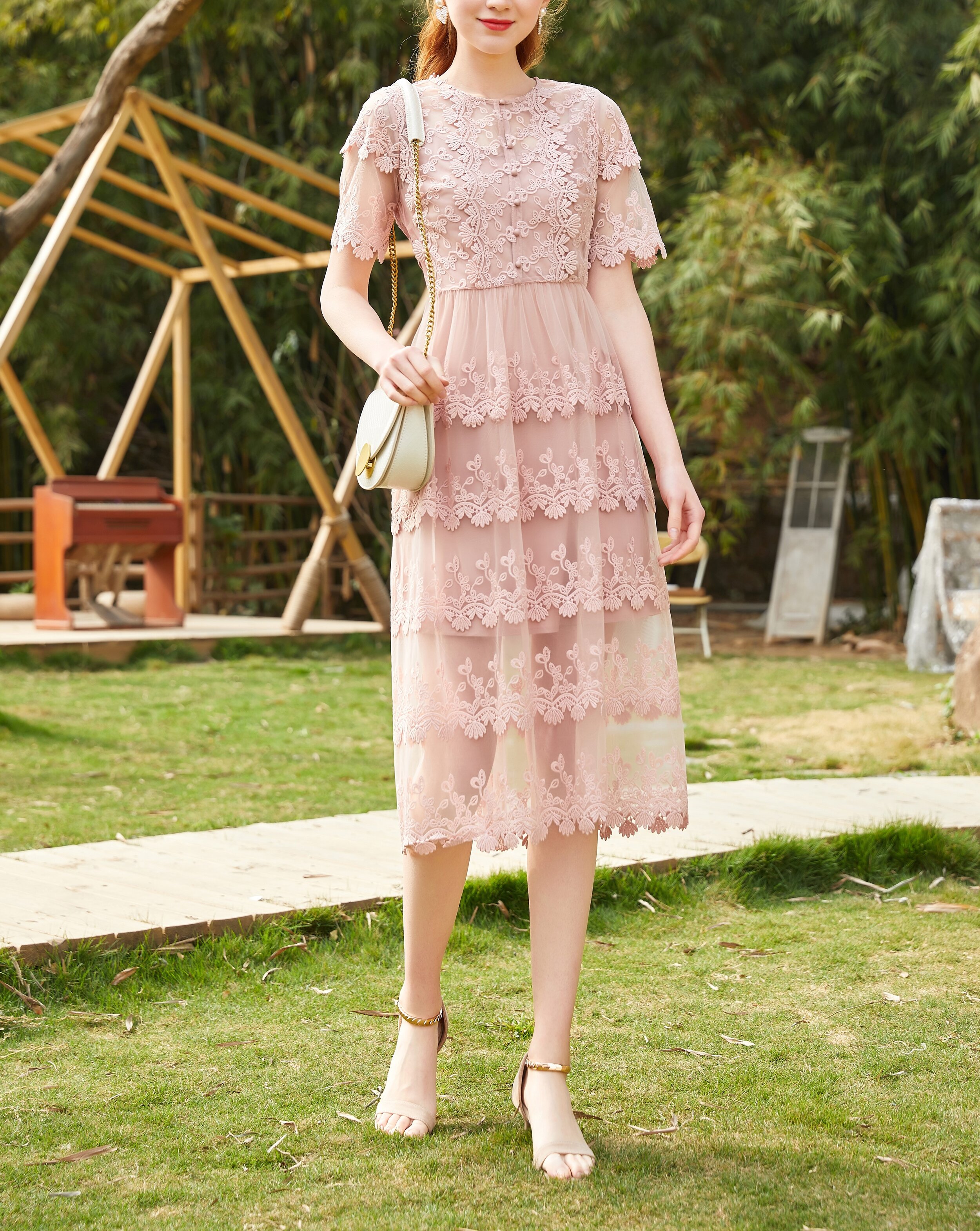 Ruffled Lacy Midi Dress with Short Sleeve — Queenia Fashion