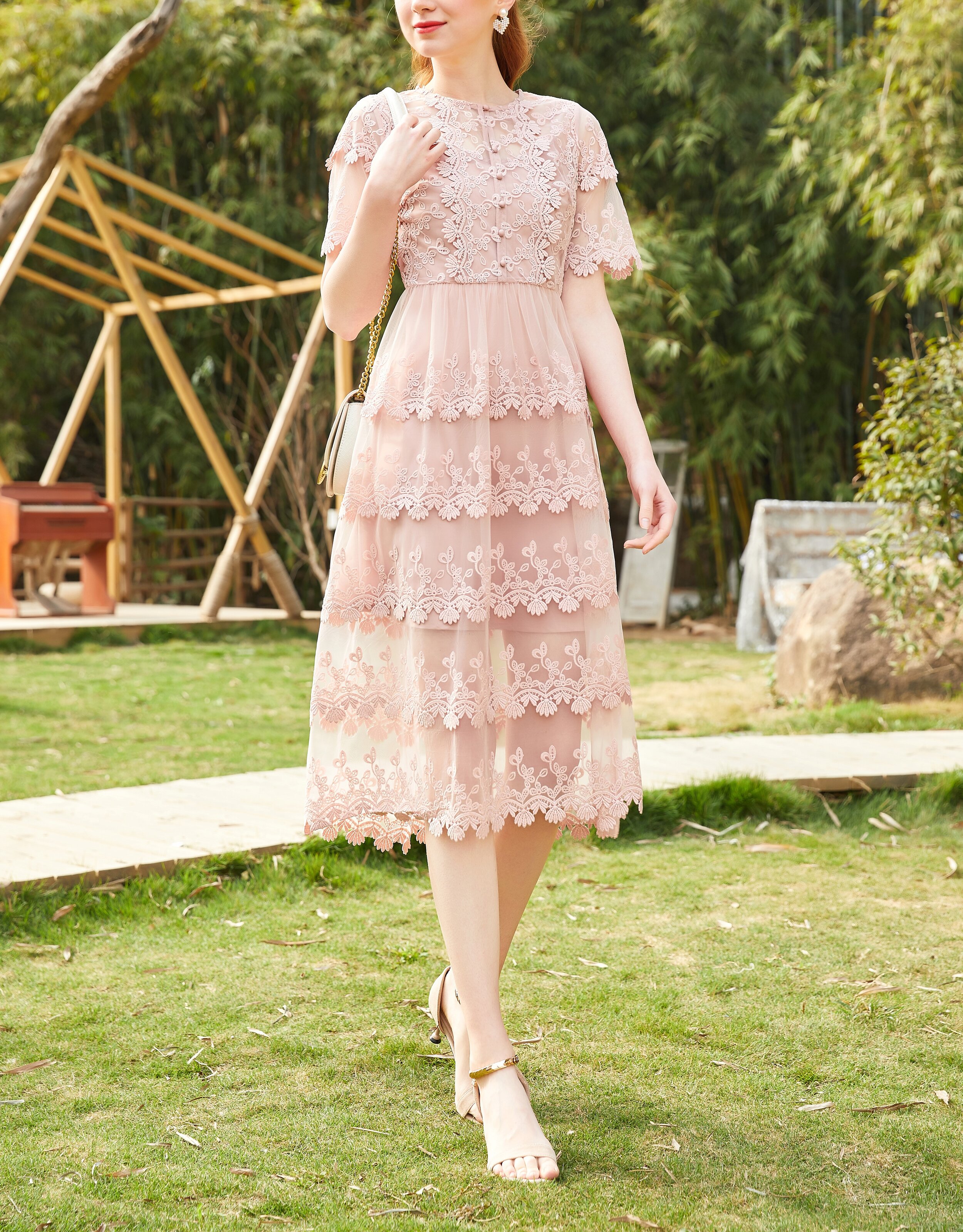 Ruffled Lacy Midi Dress with Short Sleeve — Queenia Fashion