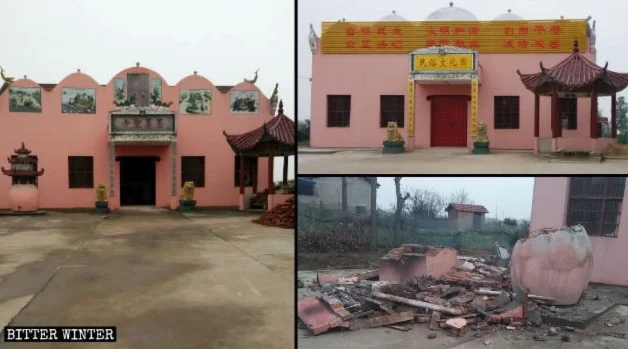 The original appearance of Momosheng Temple; the “Momosheng Temple” signboard was replaced with a sign reading “Folk Culture Park”; the religious paintings above the entrance was replaced with the political slogans about “Core Socialist Values”; the…