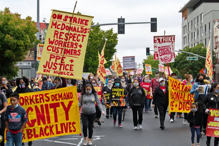  Photos by by Leon Kunstenaar  Monday Jul 20th, 2020 9:47 PM in Oakland, CA.  McDonald's and other fast food restaurants were targeted for not taking adequate precautions against Covid-19 for their workers, predominantly Black and Brown people. [ MOR