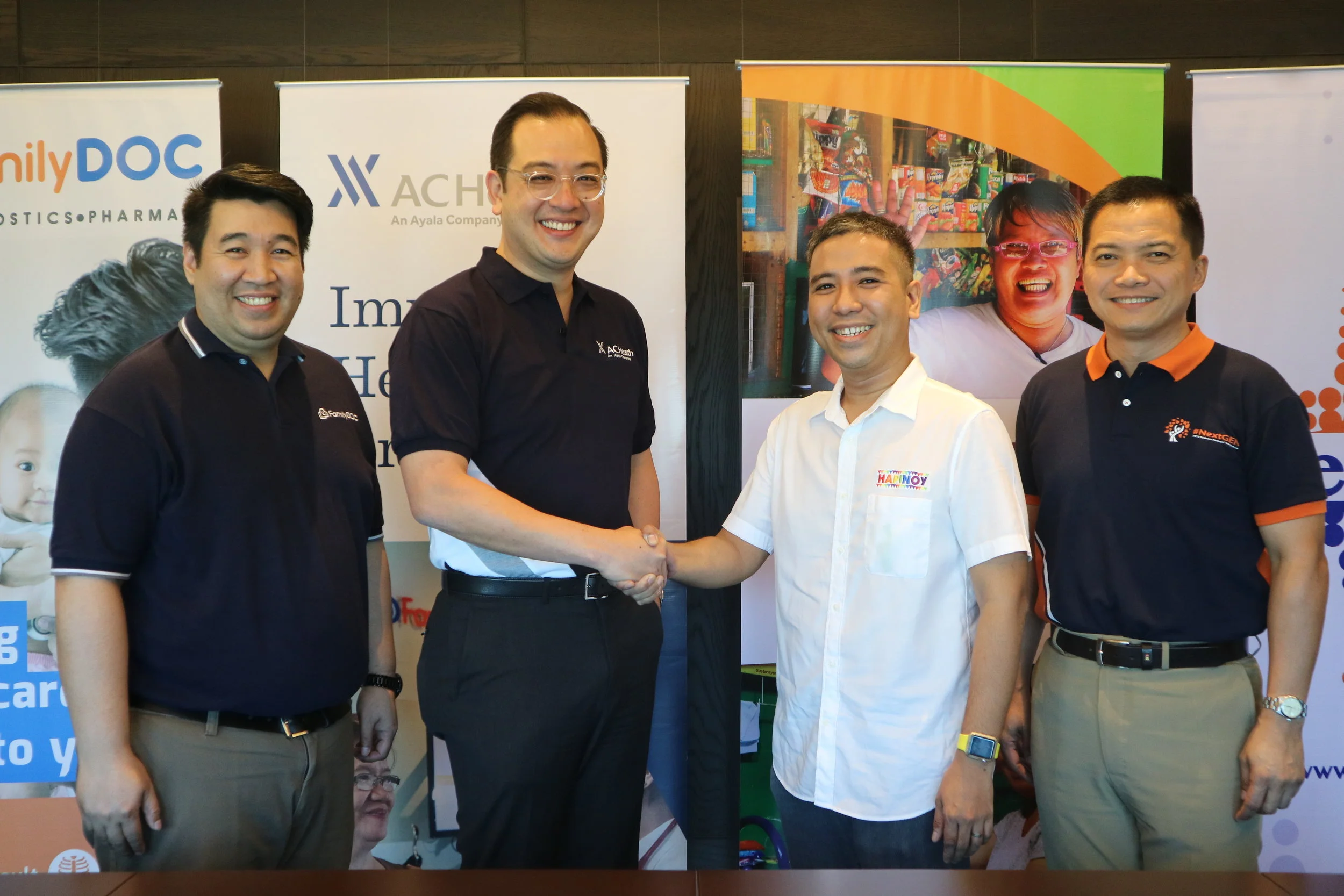 Last April 24, 2019, Mark Ruiz (middle-right), the president of Hapinoy and Paolo Borromeo (middle-left), the president and CEO of AC Health together with Dino Francisco (rightmost), the president and CEO of Generika Drugstore, and Raymund Paul Darroca (leftmost), the General Manager of FamilyDOC formally announced their partnership during the ceremonial signing in Makati City.