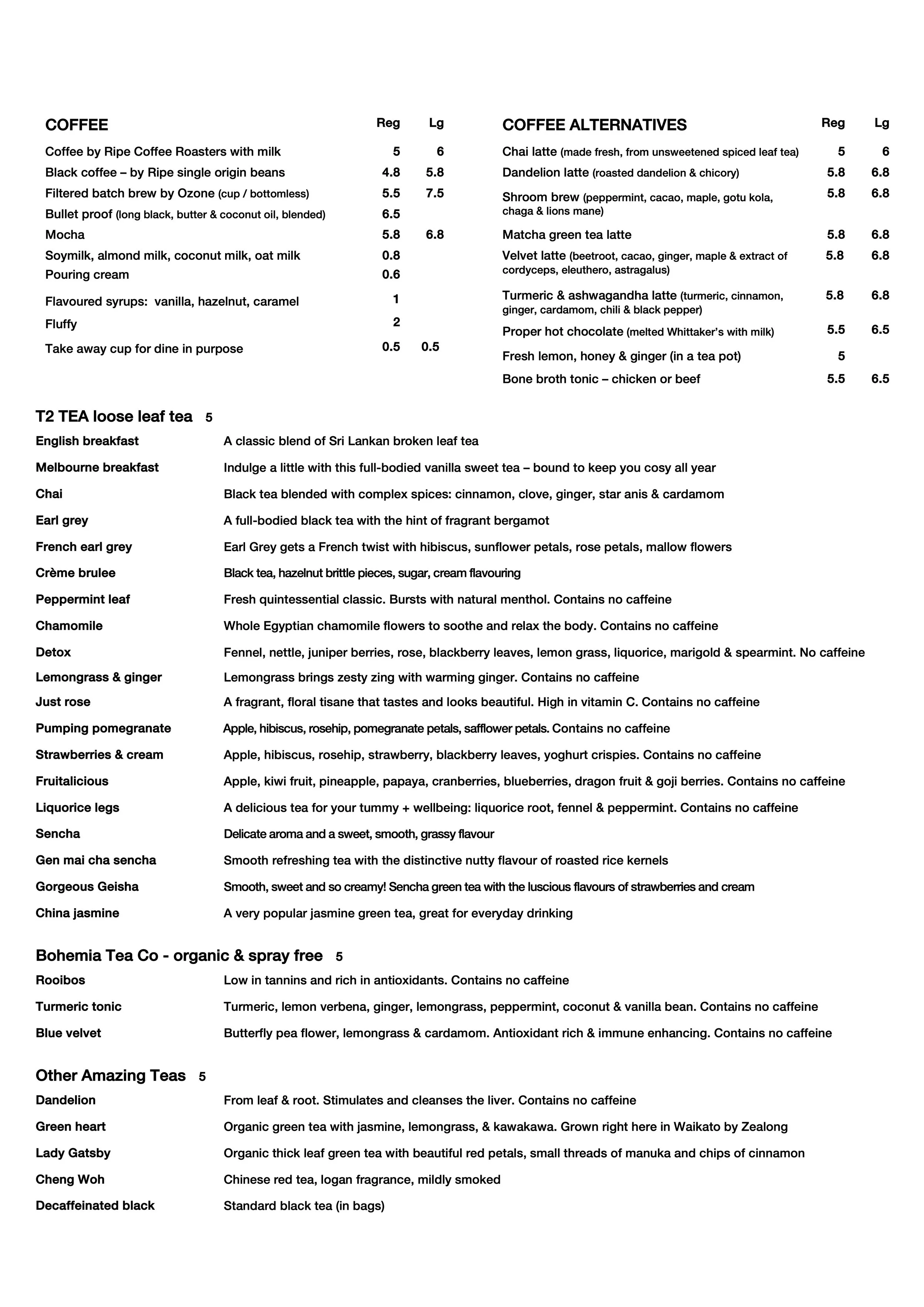 Menu Breakfast, Lunch, Sweets and Drinks — The Cozy Corner Taupo's