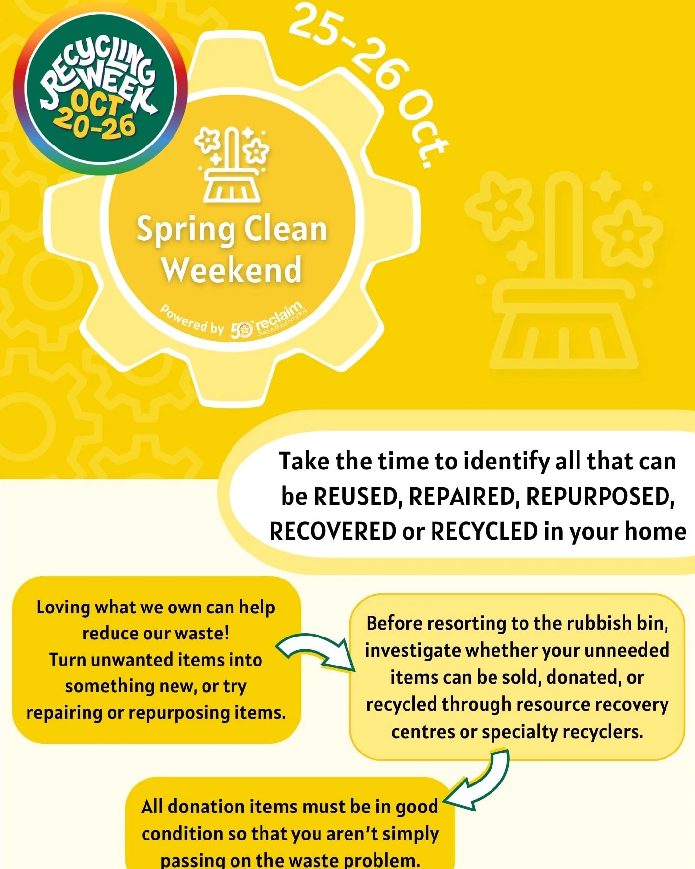 ♻️💚 It's RECYCLING WEEK 2025 💚♻️
Day 6 & 7 - Spring Clean Weekend
🚮 Recycling Week ends with a bit of a spring clean! Here, we take the time to identify everything that can be reused, repaired, repurposed, recovered, or recycled in the home