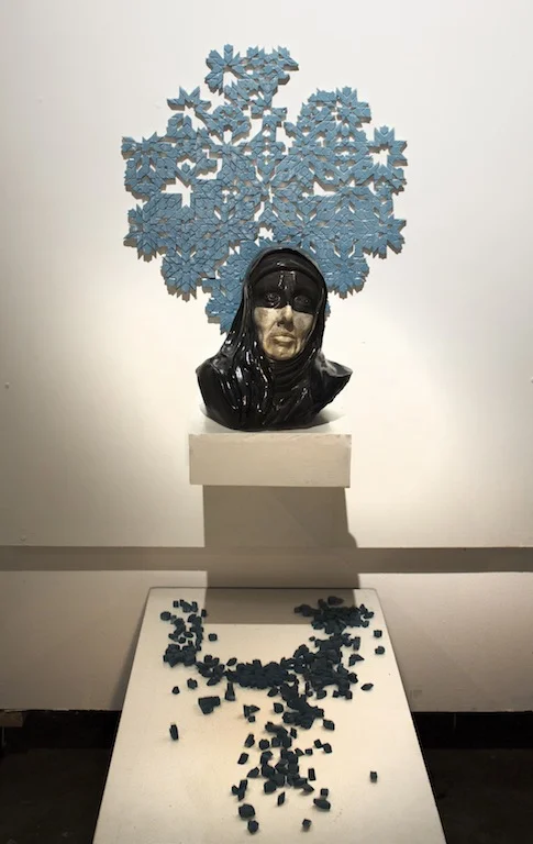 Not Your Mother ceramic, mixed media head: 12.5 in x 10.5 in; halo: 26 in x 26 in 2016