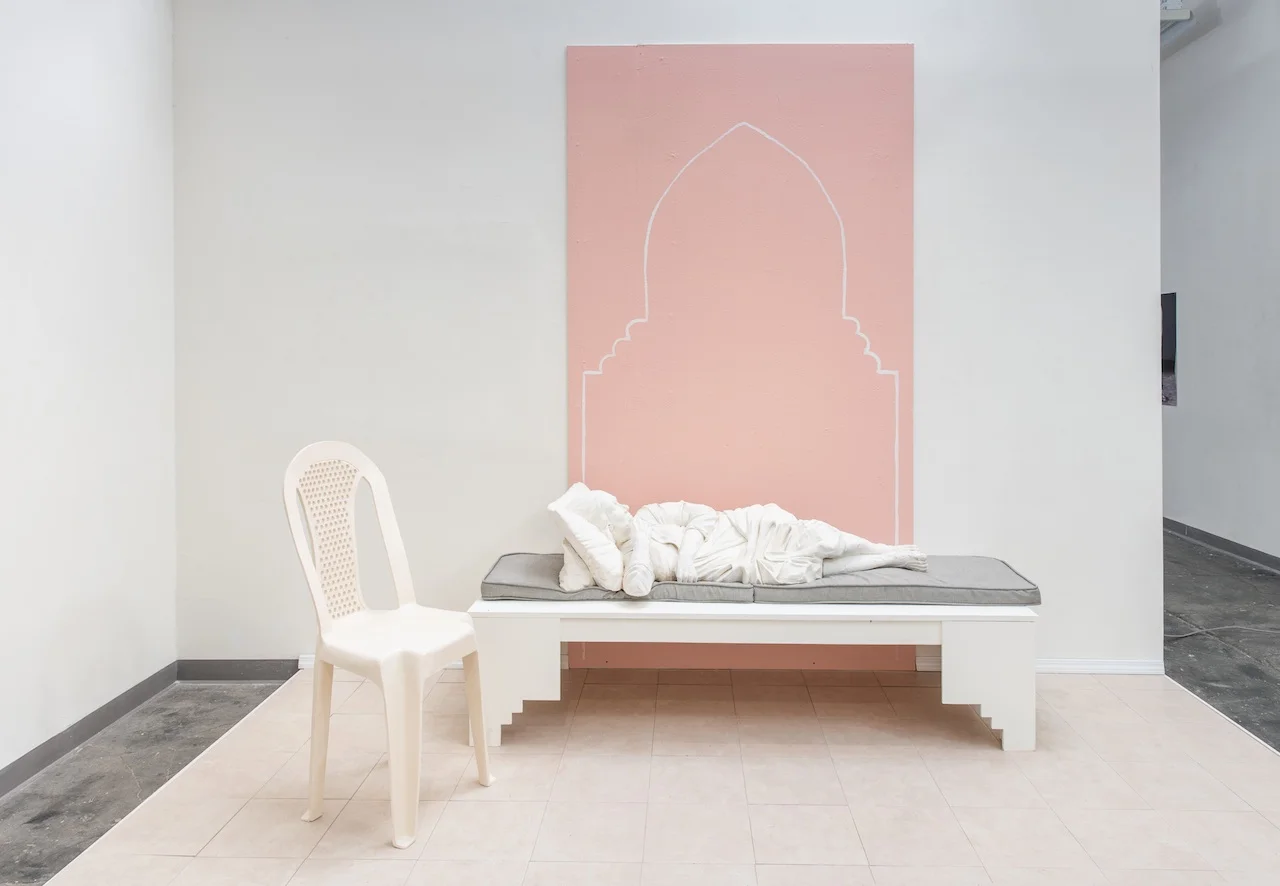 Wayn Ahla : Where Better ceramic and mixed media 2018 ceramic rock wall: 55in x 8ft ceramic chair: 45in x 17in x 18in bench w/ ceramic figure: 79in x 30in x 20in