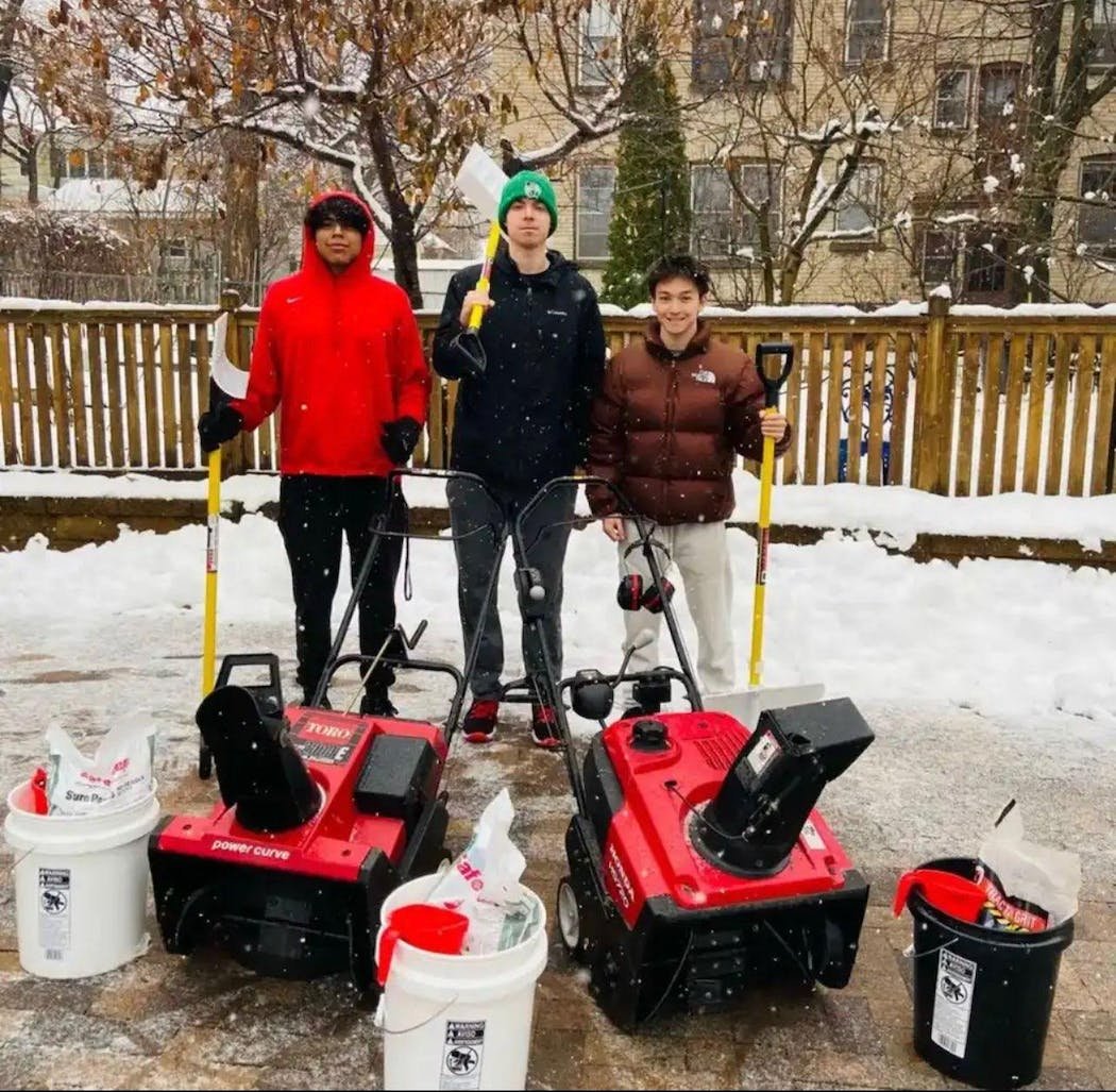 st thomas students shoveling snow PROVIDED BY ALEJANDRO KOENEN. From left to right- Alejandro Koenen, John Voigt, Aeden Loftsgaarden..jpg