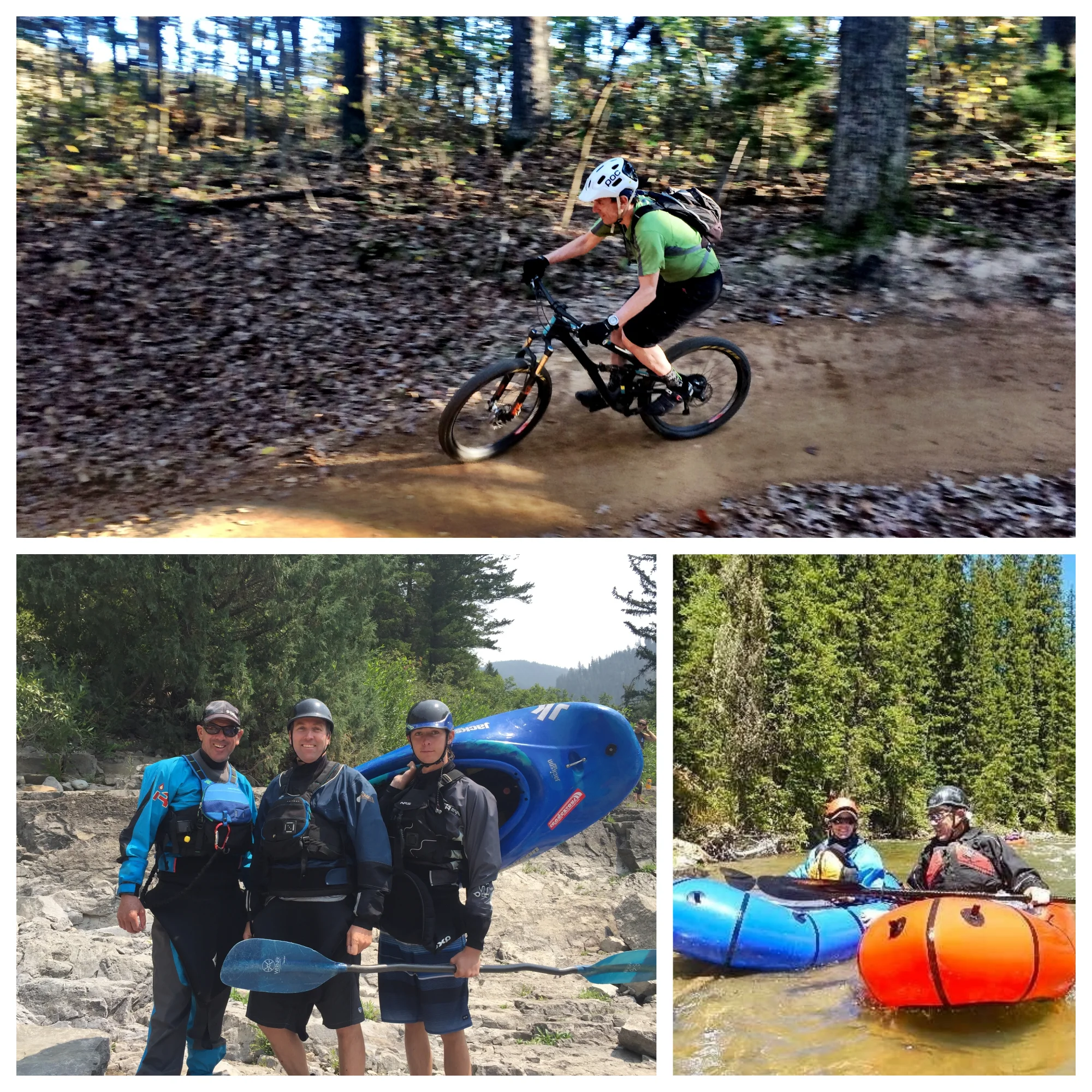 L-R Riding bikes in Bentonville, AR, padding Snake River Canyon with Randy and Will Luskey, Paddling the Spread Creek, WY. Luther enjoys exploring the wild country of Teton County, Greater Yellowstone, and beyond – on foot, ski, bicycle, with a fly rod, or in a kayak or pack raft – with Liz Storer.