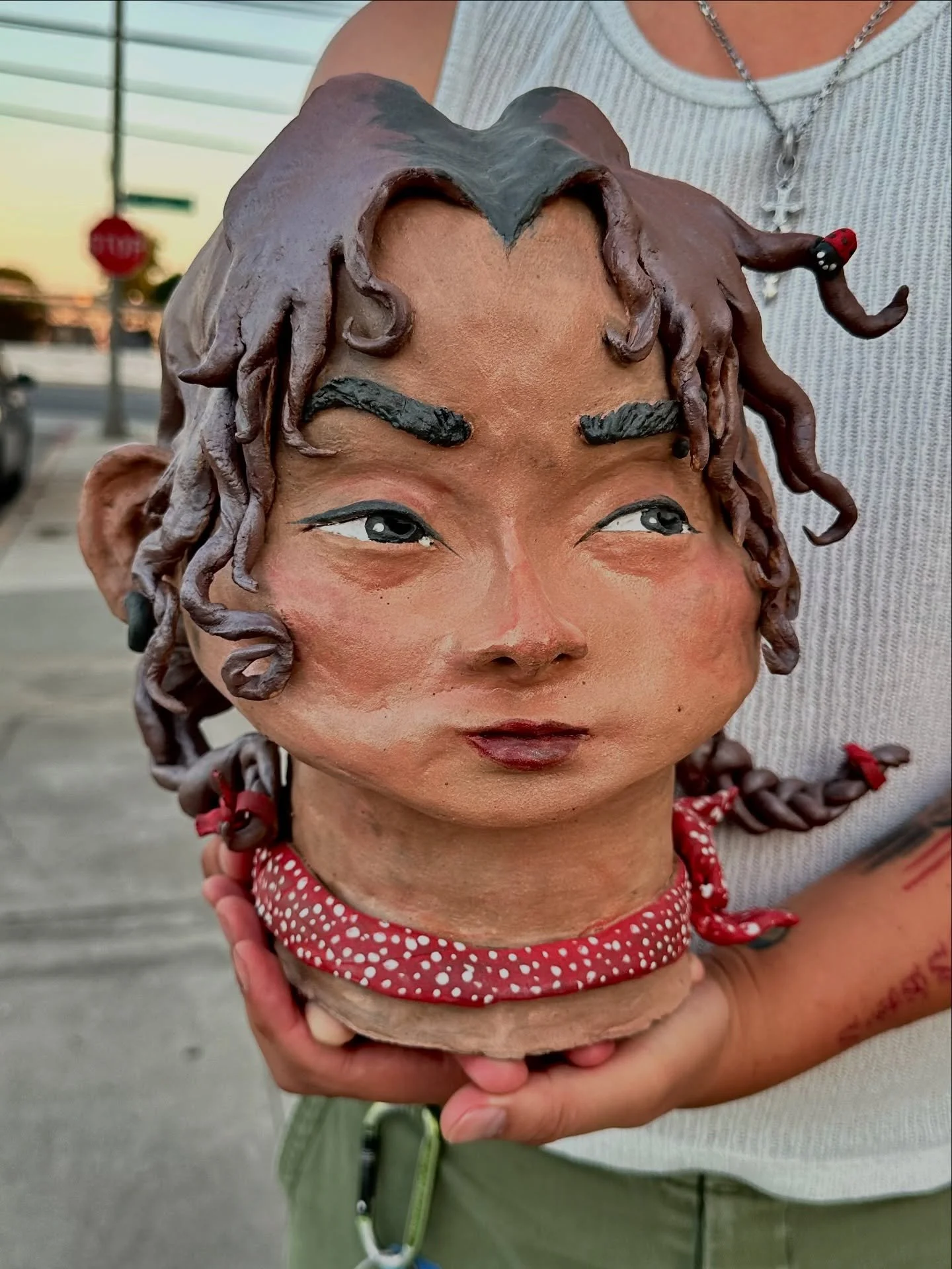 bug on the braid 🐞(2025)
my largest clay sculpture yet! &amp; she heavy asf too. very grateful for @andreakconnell for guidance &amp; @still_life_studios for a wonderful space, as usual. 
pics 1-6: one n done!!!
pic 7: the very beginning
pic 8: from