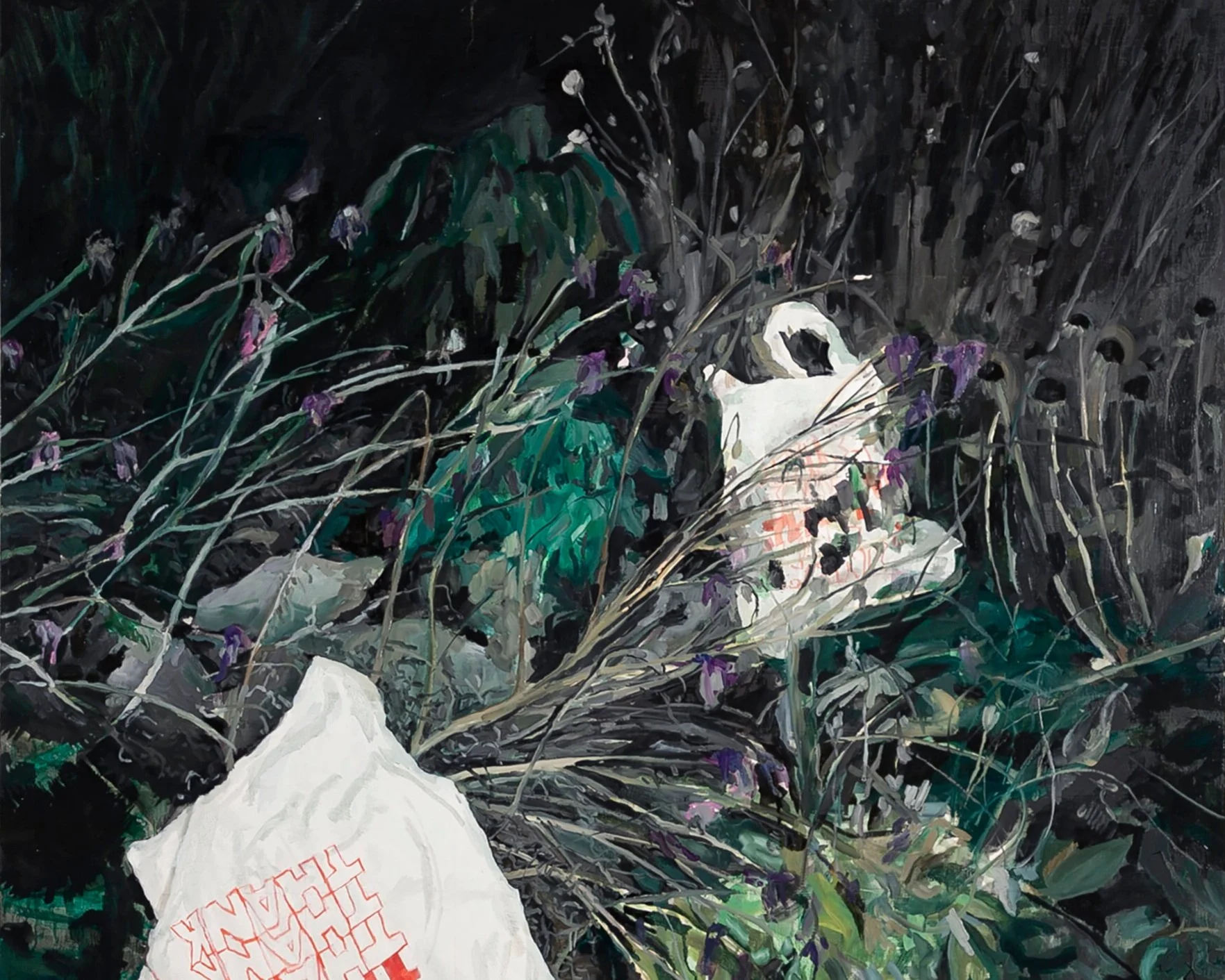 A Place Where You Live. Painting of plastic grocery sacks nestled in dead flowers