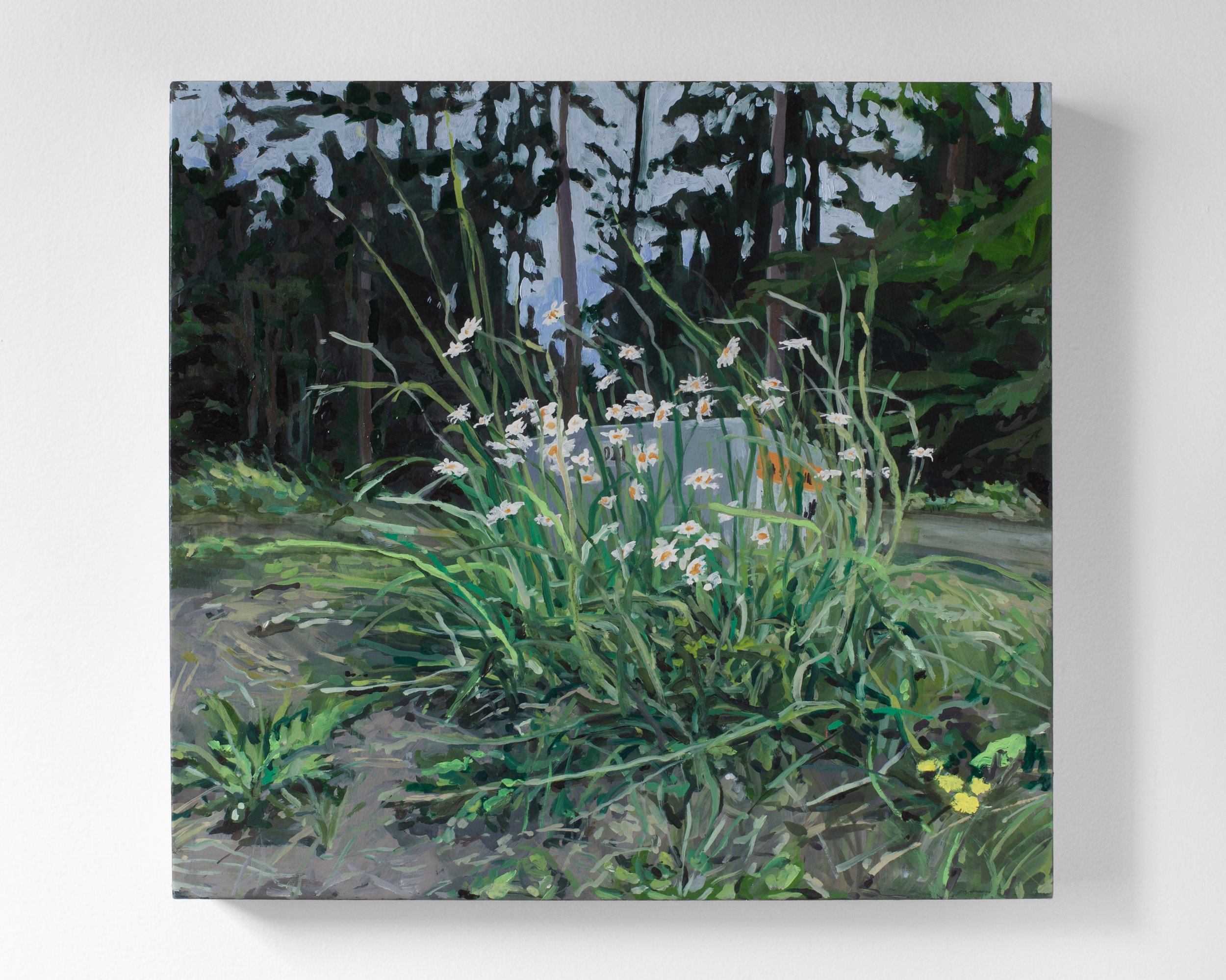   From here, I watched a man mow concentric circles out of the tall grass until it was all clipped short,  oil on panel, 14 × 15” 