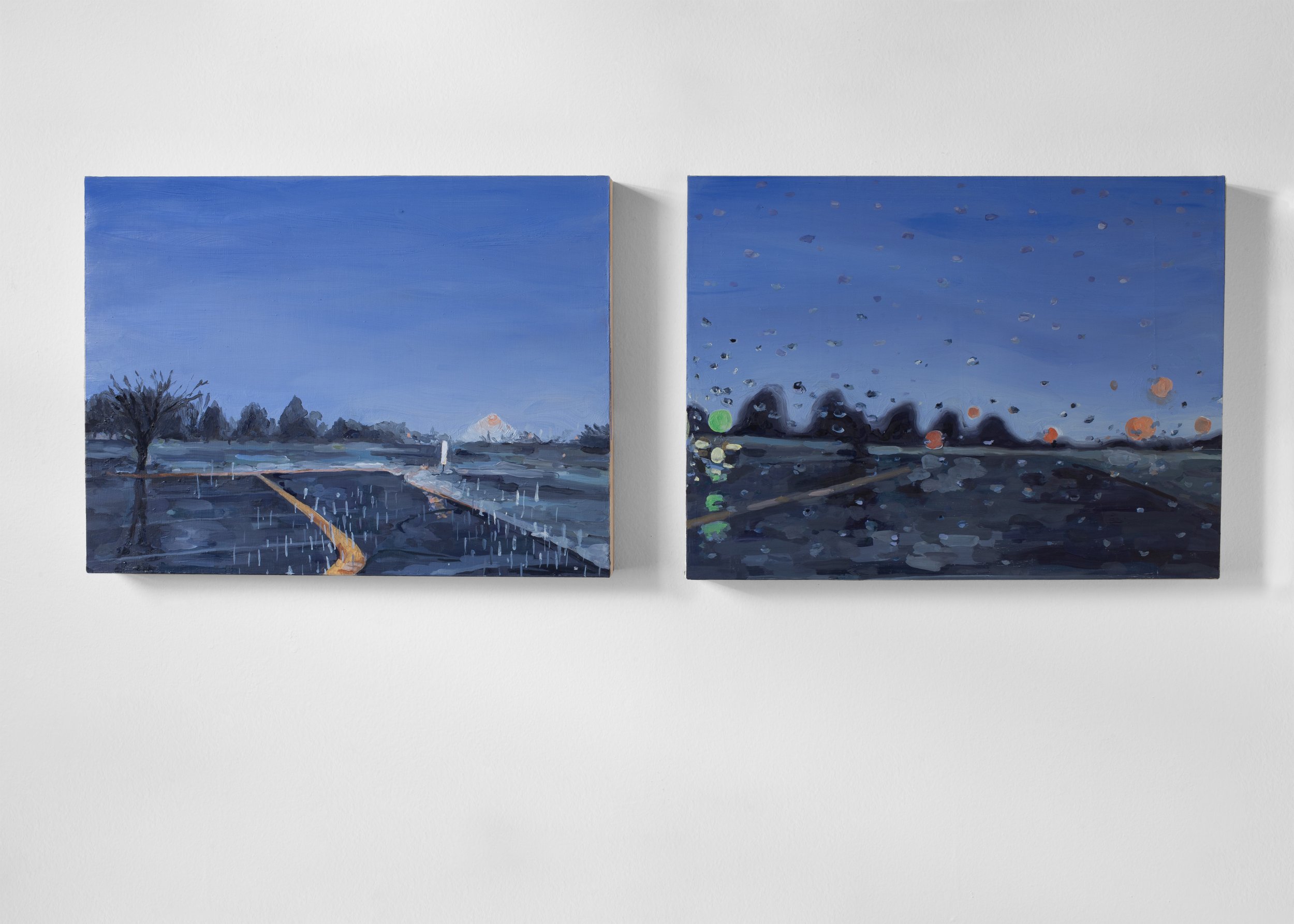   Two views from a car window on New Year's Eve,  oil on panel, diptych, 11 × 33” (each panel 11 × 15”) 