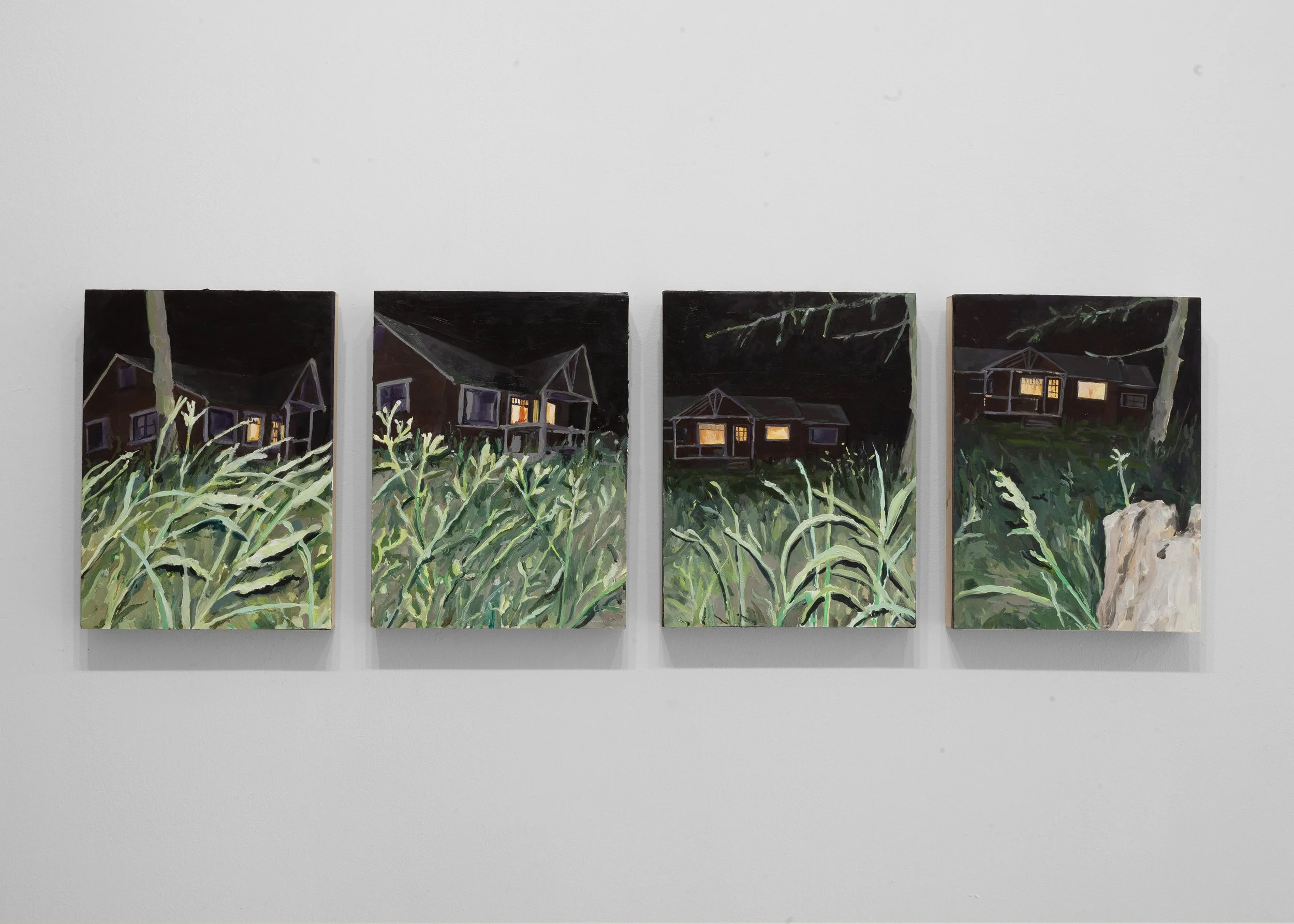   4 Watchers,  2025, oil on paper mounted on panels (polyptych), 12 × 42 inches (each panel 12 × 9 inches) 