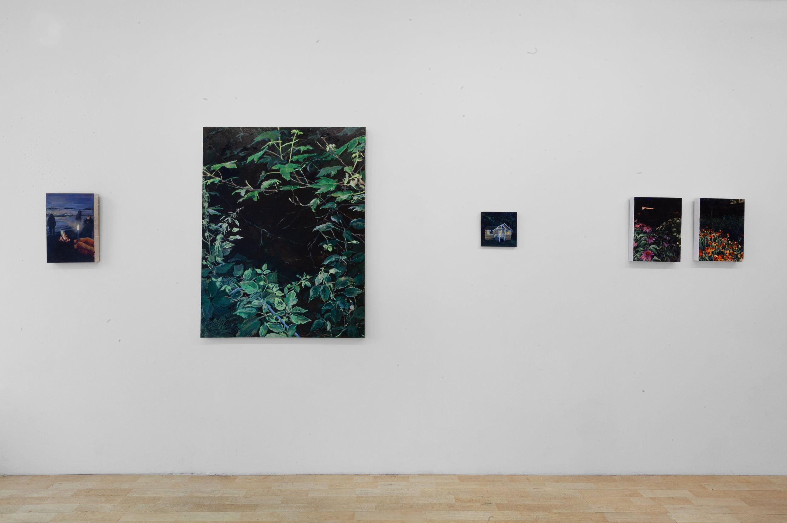   The Long Walk Home  exhibition view   All of Our Wishes, Set Into the Fire , 2023, oil on panel, 15.5 × 11 inches  The Holy Void , 2023, oil on canvas, 48 × 36 inches  Blue Moon , 2024, acrylic and oil on panel, 8 × 8 inches  The Witch Window, My W