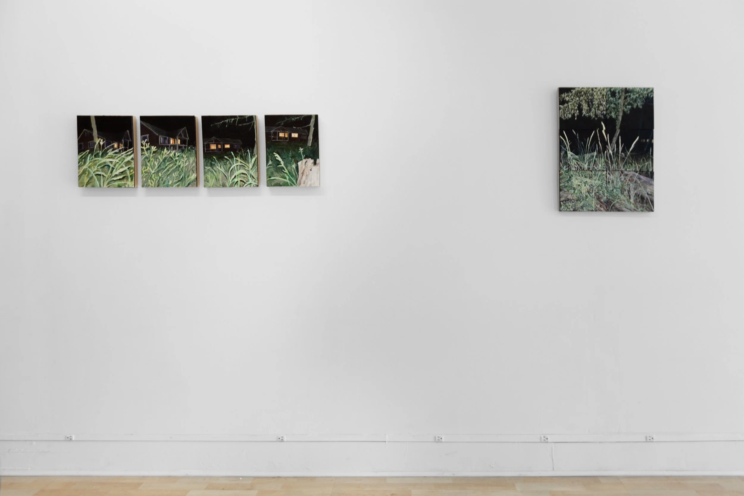   The Long Walk Home  exhibition view   4 Watchers,  2025, oil on paper mounted on panels (polyptych), 12 × 42 inches (each panel 12 × 9 inches)  The Long Walk Home (It Takes Years) , 2025, acrylic on paper mounted on panels (bolted polyptych), 21 × 
