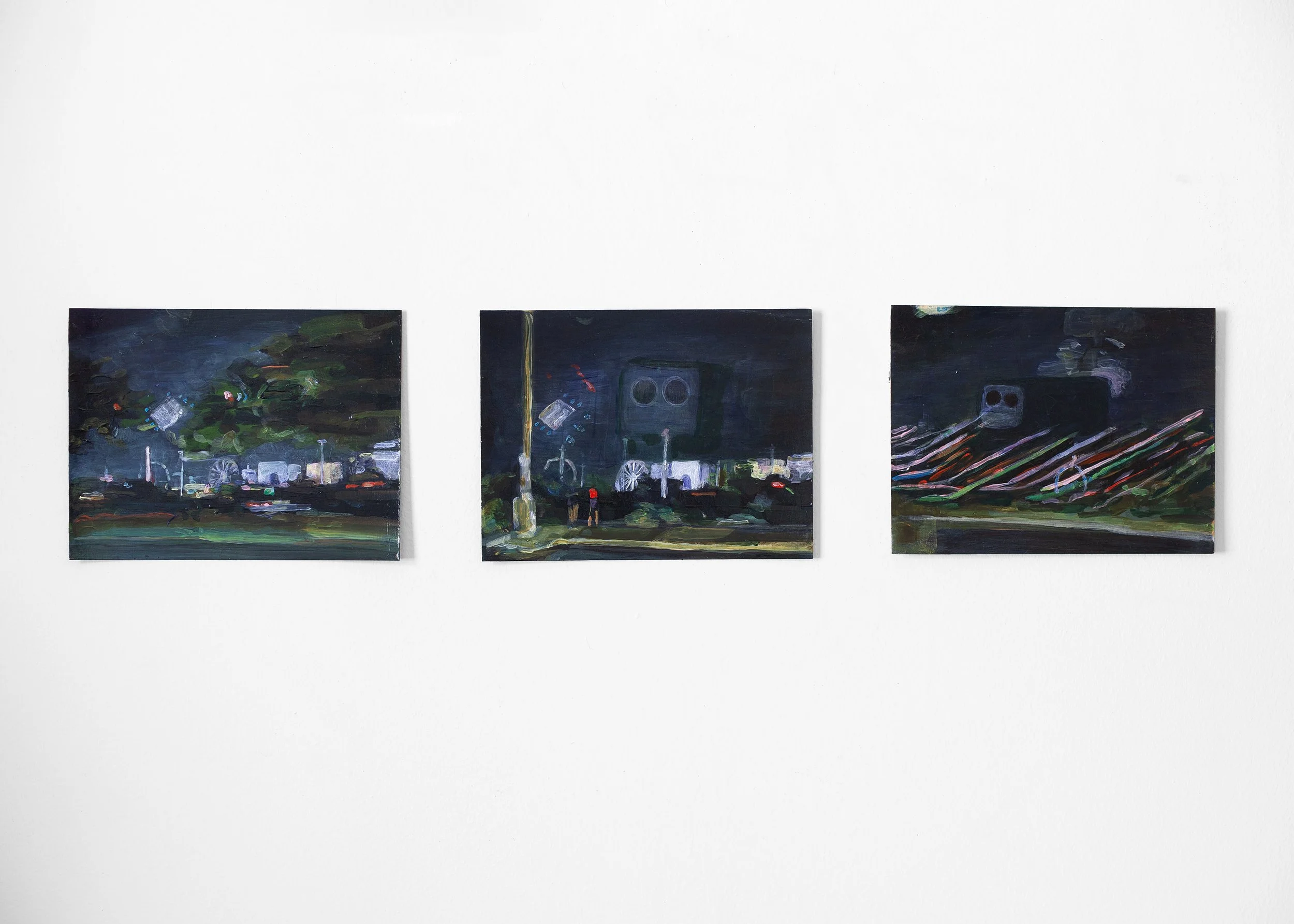   Carnival From a Car Window, Shortly Before Moving Away From My Hometown , 2025, acrylic on paper (triptych), 6 × 28 inches (each paper 6 × 8 inches) 