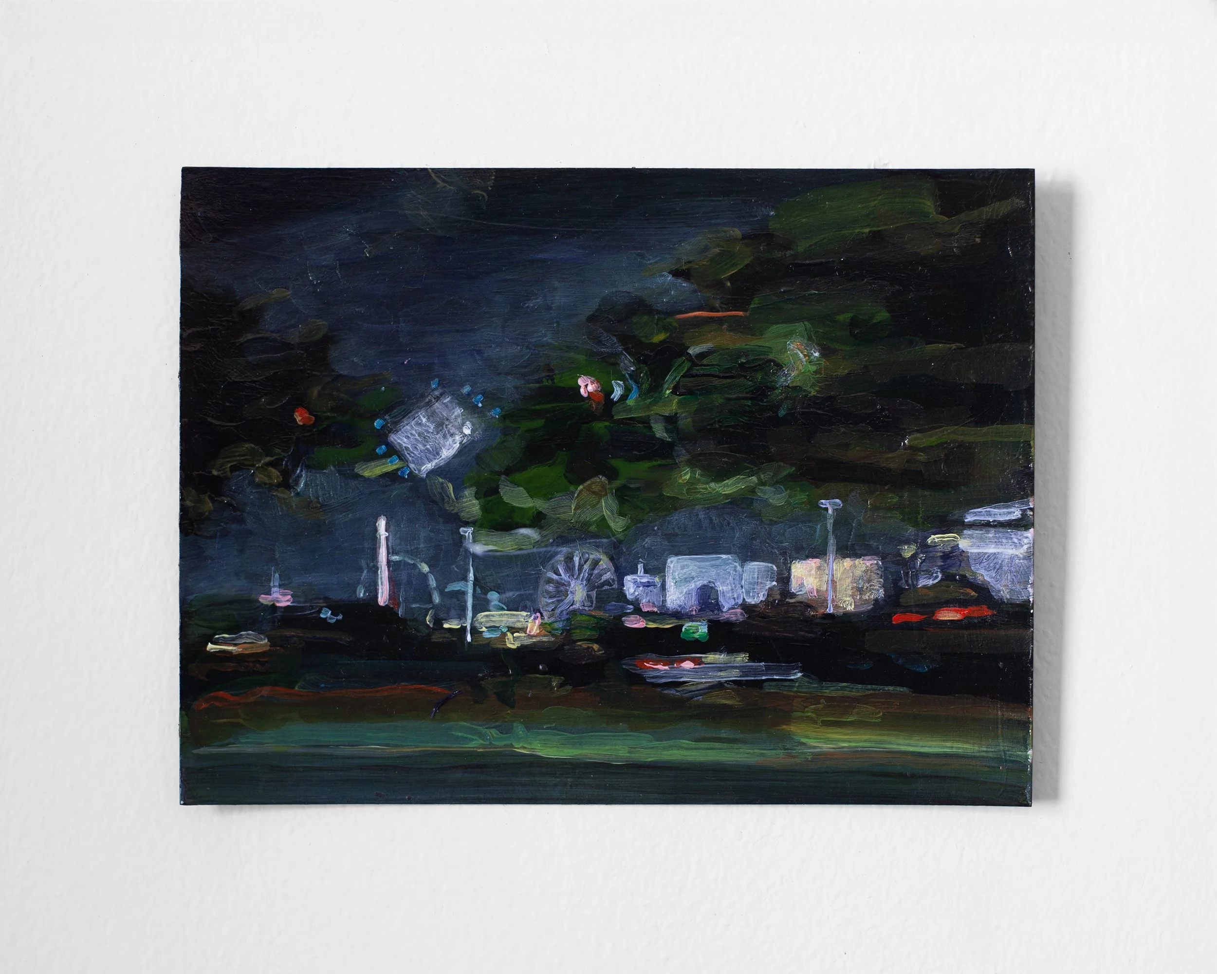  detail from  Carnival From a Car Window, Shortly Before Moving Away From My Hometown , 2025, acrylic on paper (triptych), 6 × 28 inches (each paper 6 × 8 inches) 