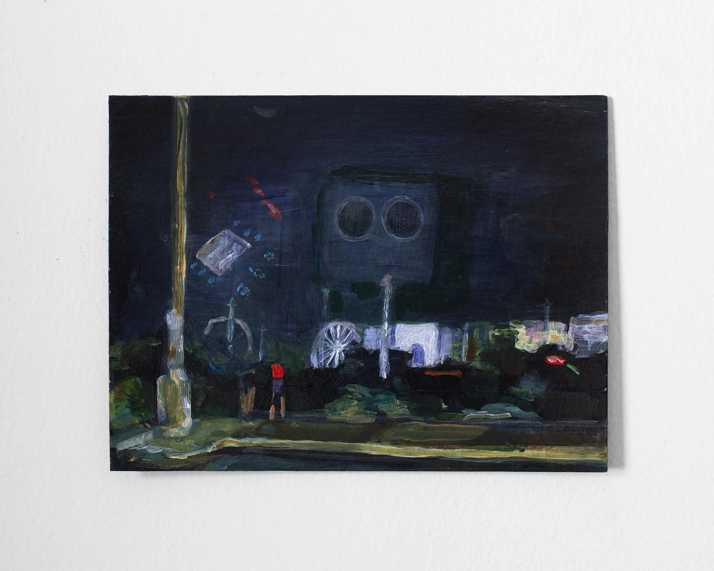  detail from  Carnival From a Car Window, Shortly Before Moving Away From My Hometown , 2025, acrylic on paper (triptych), 6 × 28 inches (each paper 6 × 8 inches) 