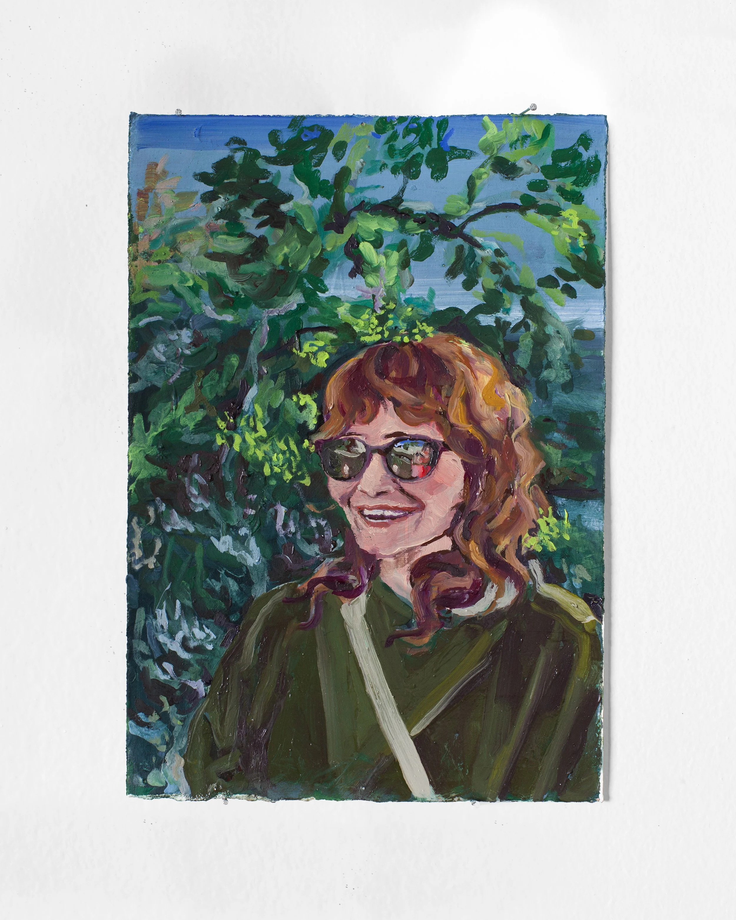   Meri in the Oak and Rosemary by the Hollyhock House , 2025, oil on paper, 11.25 × 7.5 inches 