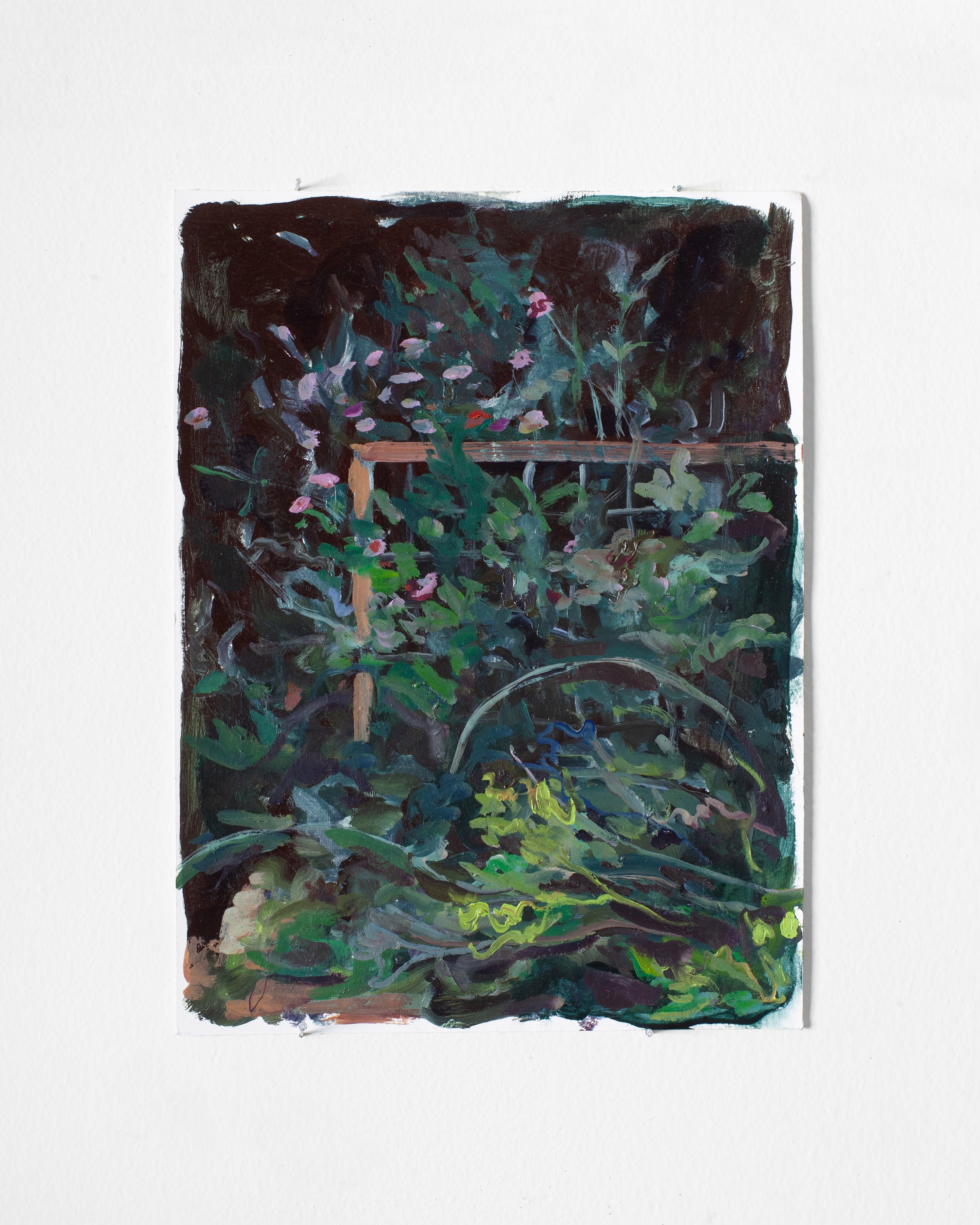   the smell of water on hot soil after the sound of mourning doves , 2025, oil on paper, 12 × 9 inches 