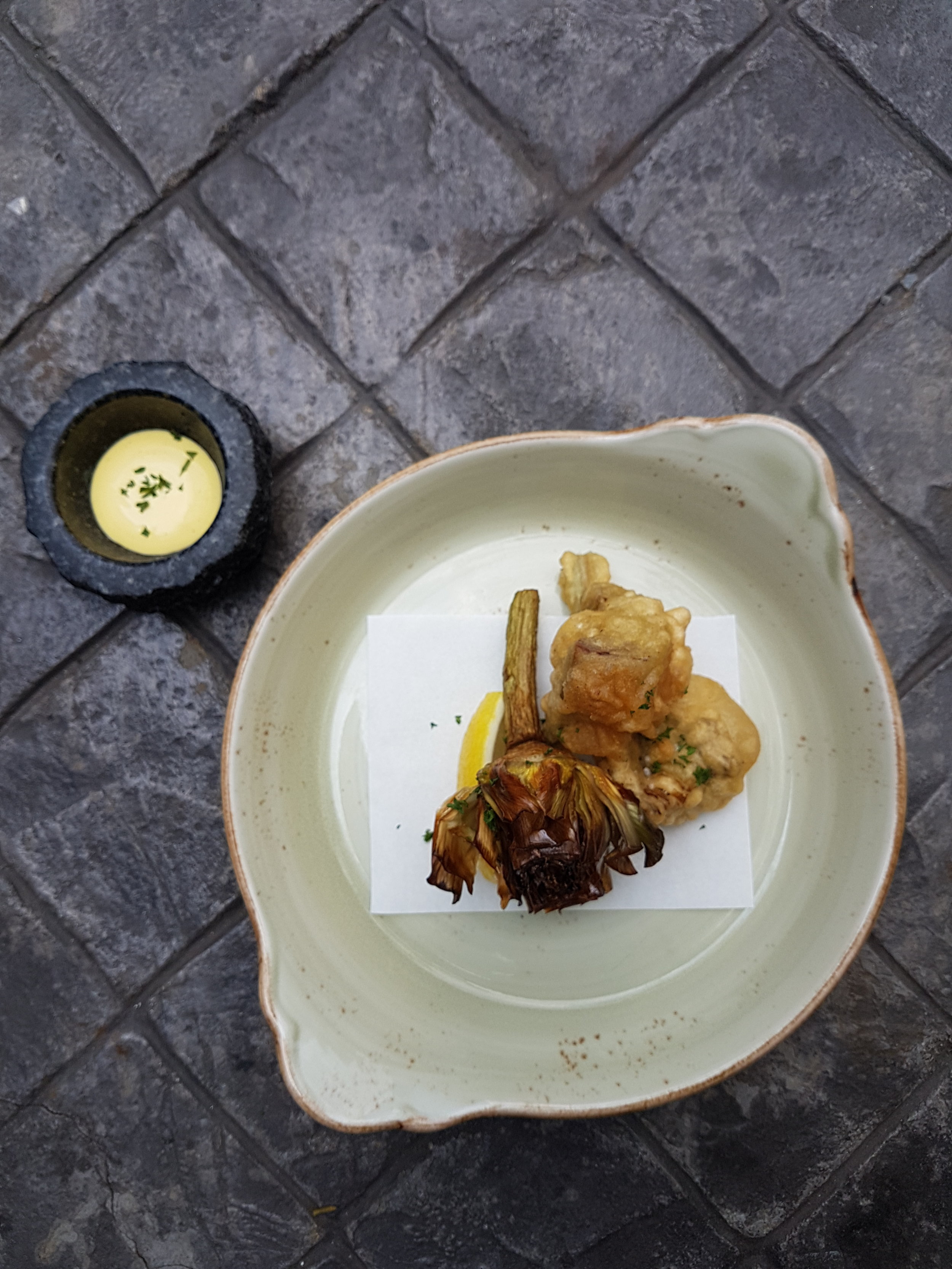  CARCIOFO ALLA GUIDIA E IN PASTELLA | Violet Artichokes 2 ways - deep-fried, served with lemon and saffron aioli &amp; Italian Tempura 