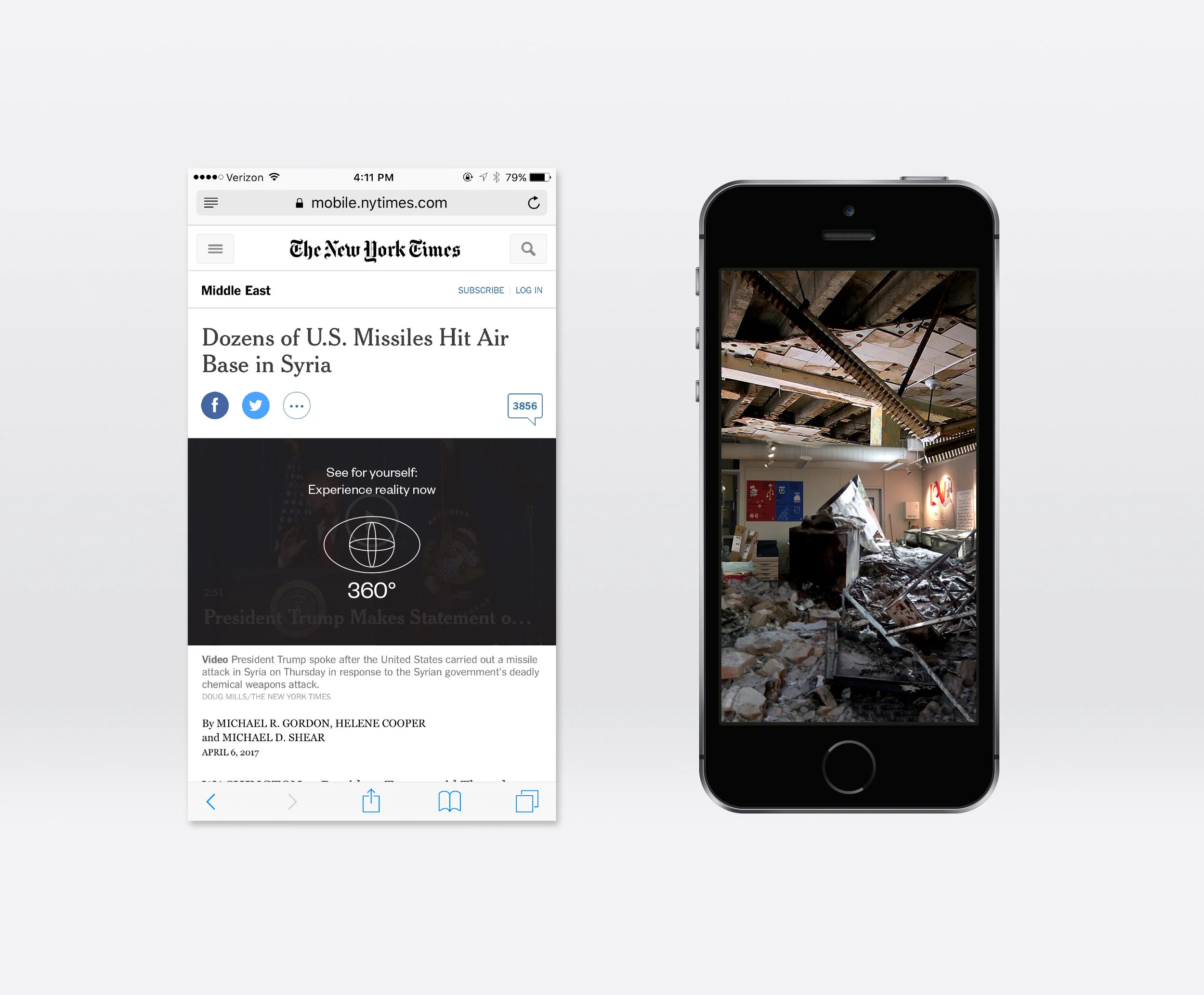 Left: An example of how the Experience Reality AR would supplement existing news platforms; Right: An example of how a RISD studio space would be transformed utilizing the Experience Reality AR for viewing the corresponding news article on the left, "Dozens of U.S. Missiles Hit Air Base in Syria."