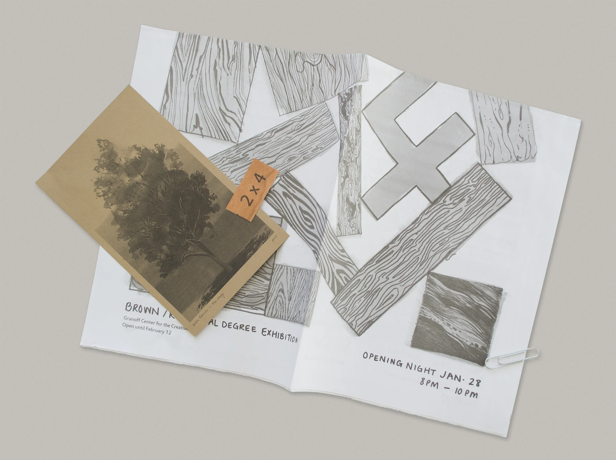 Includes a postcard (illustrated by Nellie Robinson), a wooden sticker, and the poster