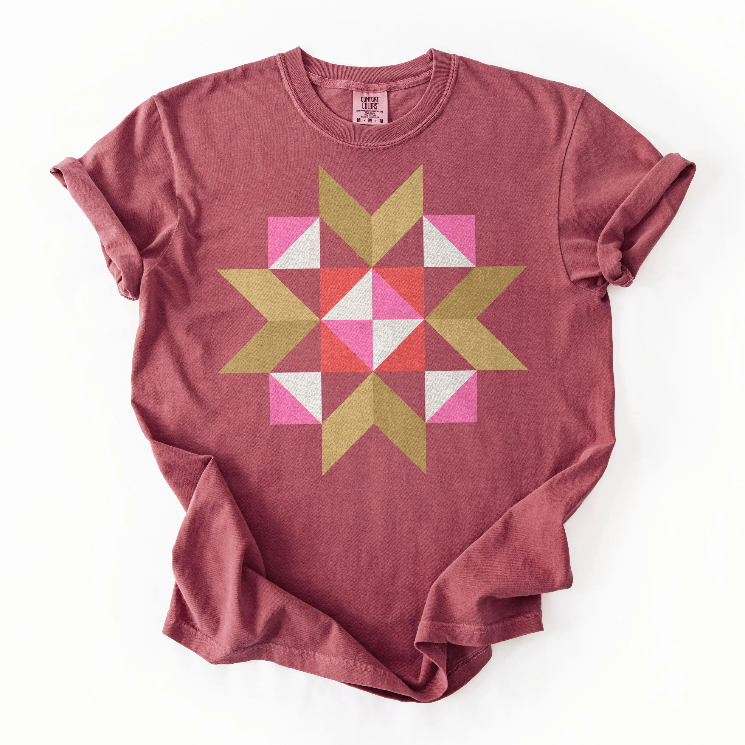 Sunday Social quilt block t-shirt by She Makes Joy in Brick, a Comfort Colors tee with a pink, red, white, and gold star block