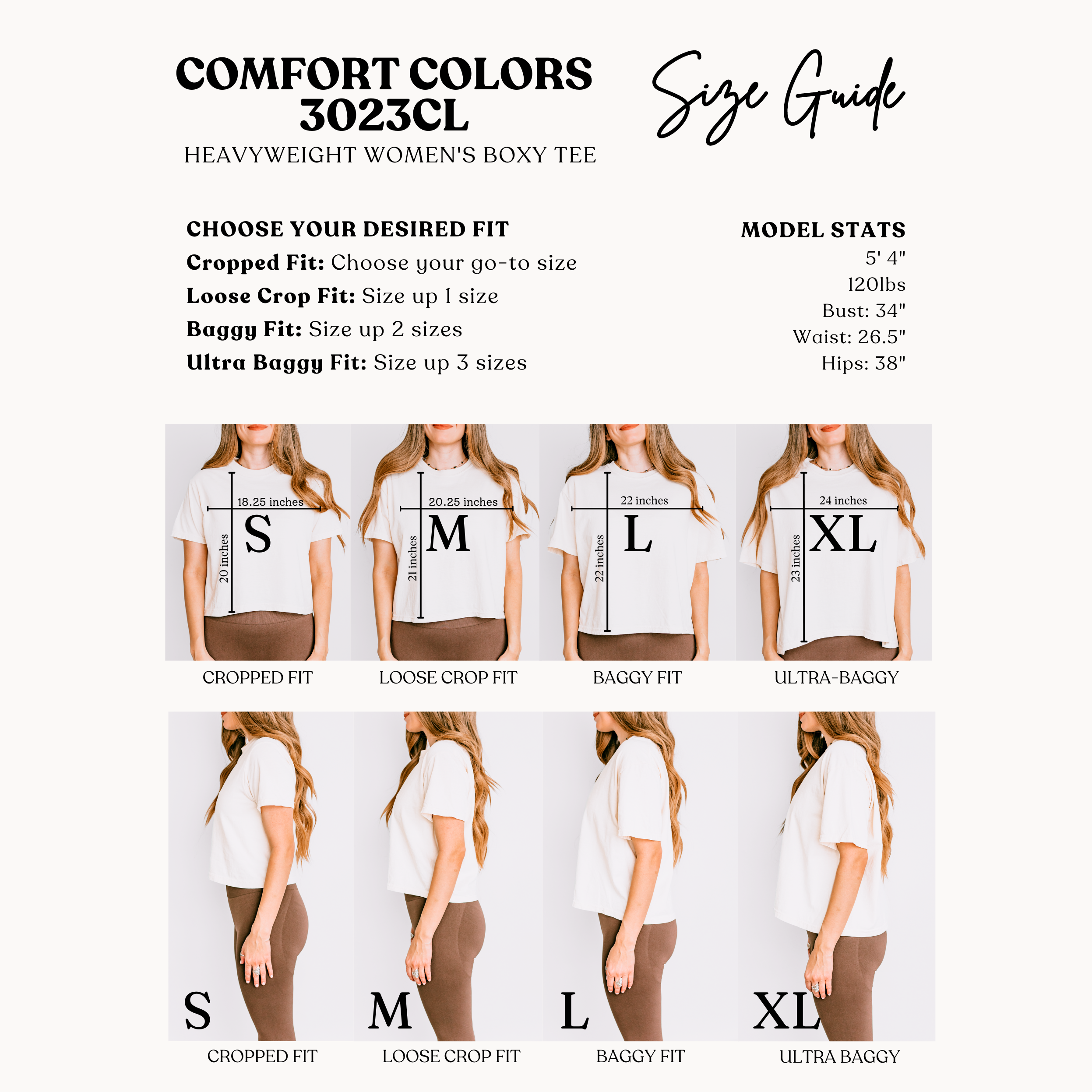 Comfort Colors 3023 boxy tee size chart with measurements for sizes S through 2XL