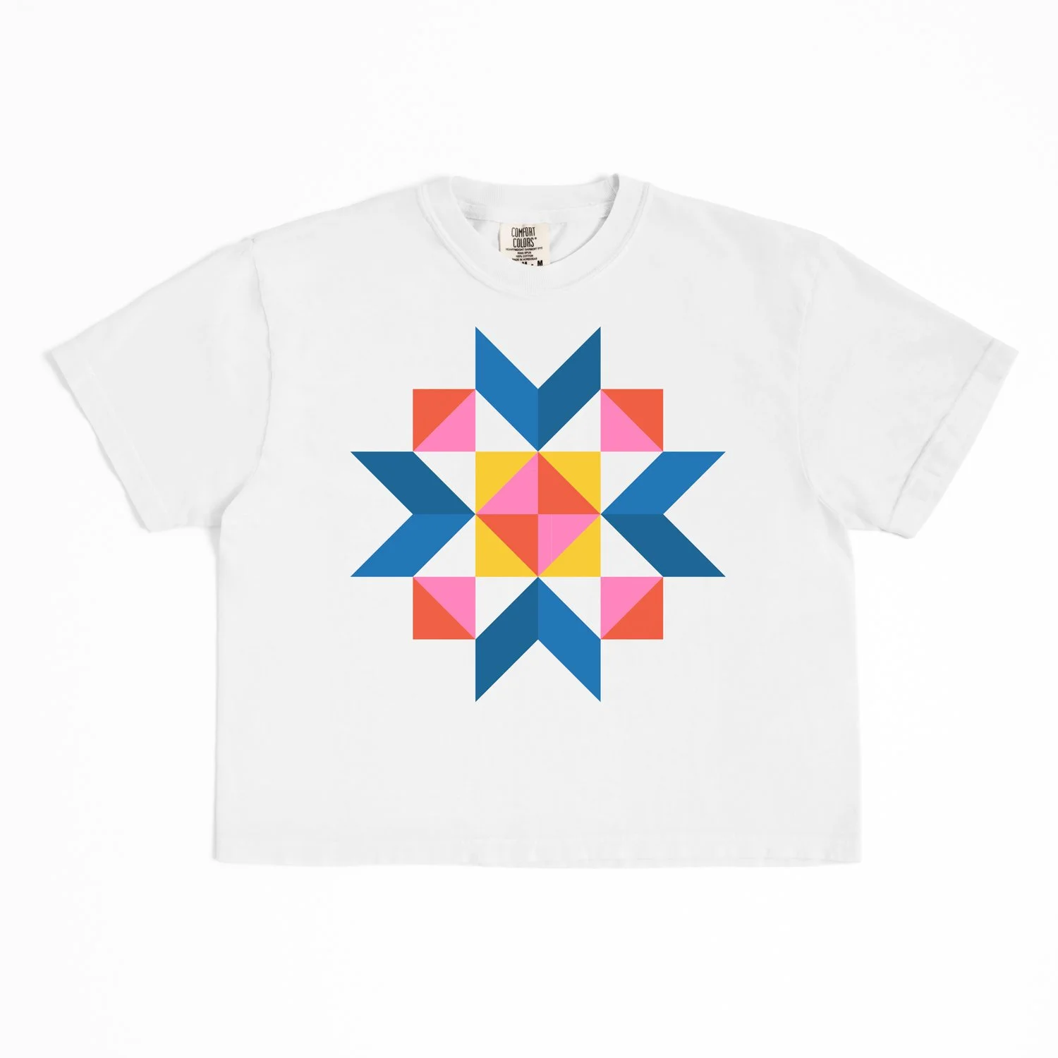 Sunday Social quilt block boxy t-shirt by She Makes Joy in White, a Comfort Colors boxy tee with a blue, coral, and pink star block