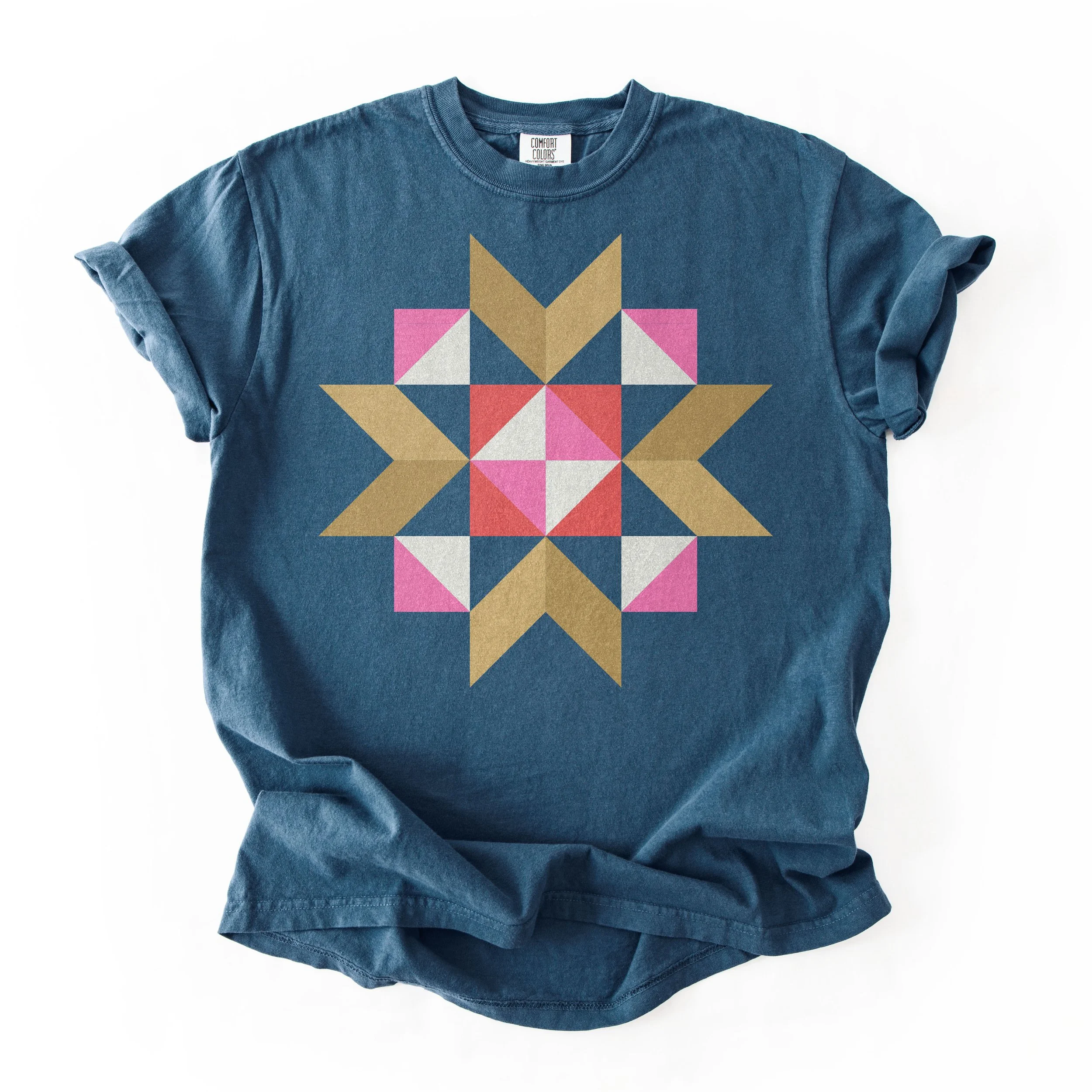 Sunday Social quilt block t-shirt by She Makes Joy in Midnight, a Comfort Colors tee with a pink, red, white, and gold star block