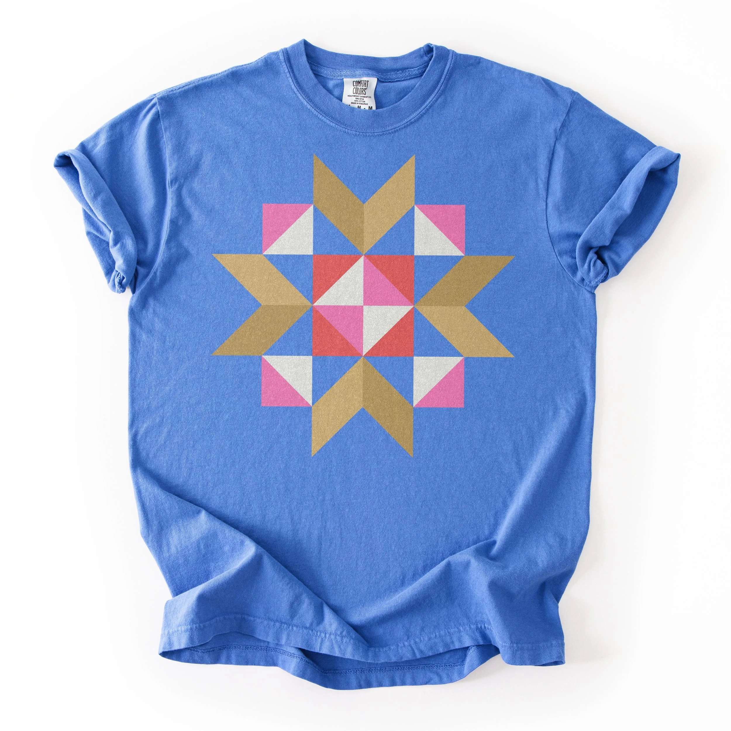 Sunday Social quilt block t-shirt by She Makes Joy in Mystic Blue, a Comfort Colors tee with a pink, red, white, and gold star block