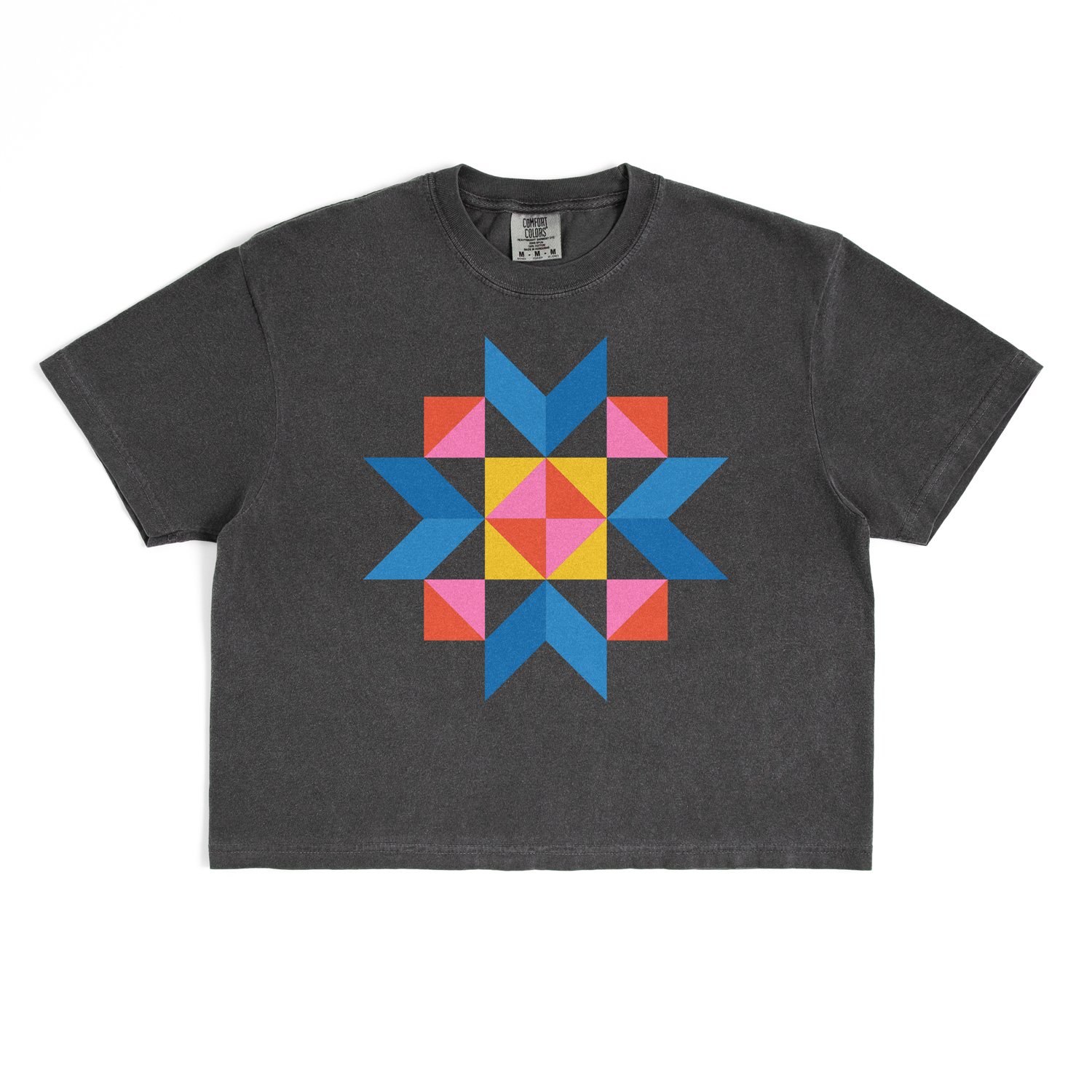 Sunday Social quilt block boxy t-shirt by She Makes Joy in Pepper, a Comfort Colors boxy tee with a blue, coral, and pink star block