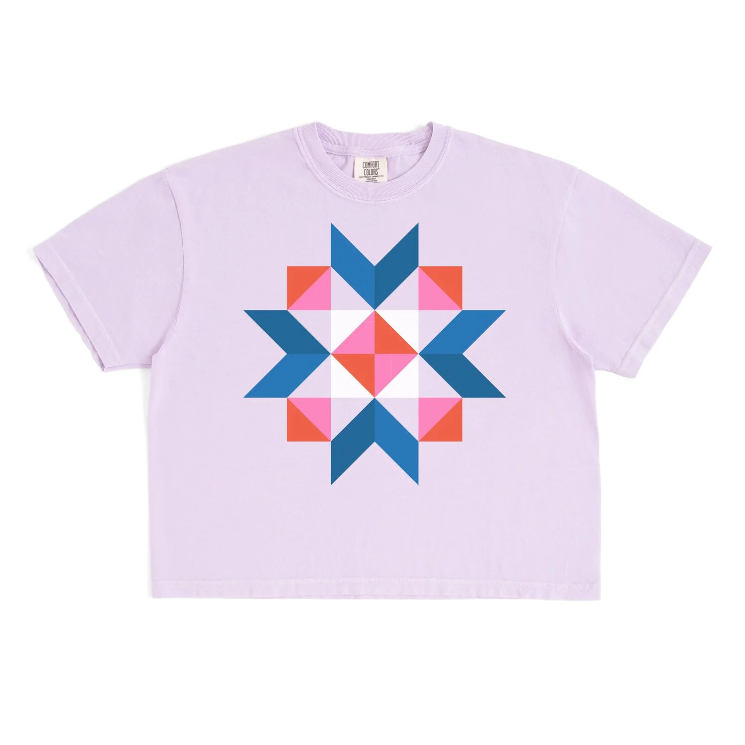 Sunday Social quilt block boxy t-shirt by She Makes Joy in Orchid, a Comfort Colors boxy tee with a blue, coral, and pink star block