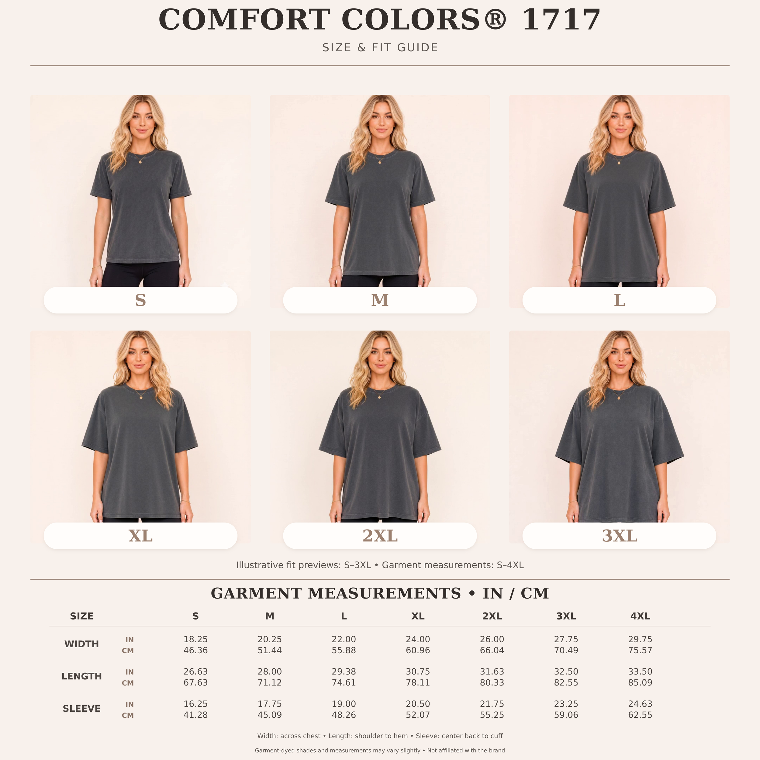 Comfort Colors 1717 size chart with width, length, and sleeve measurements for sizes S through 4XL