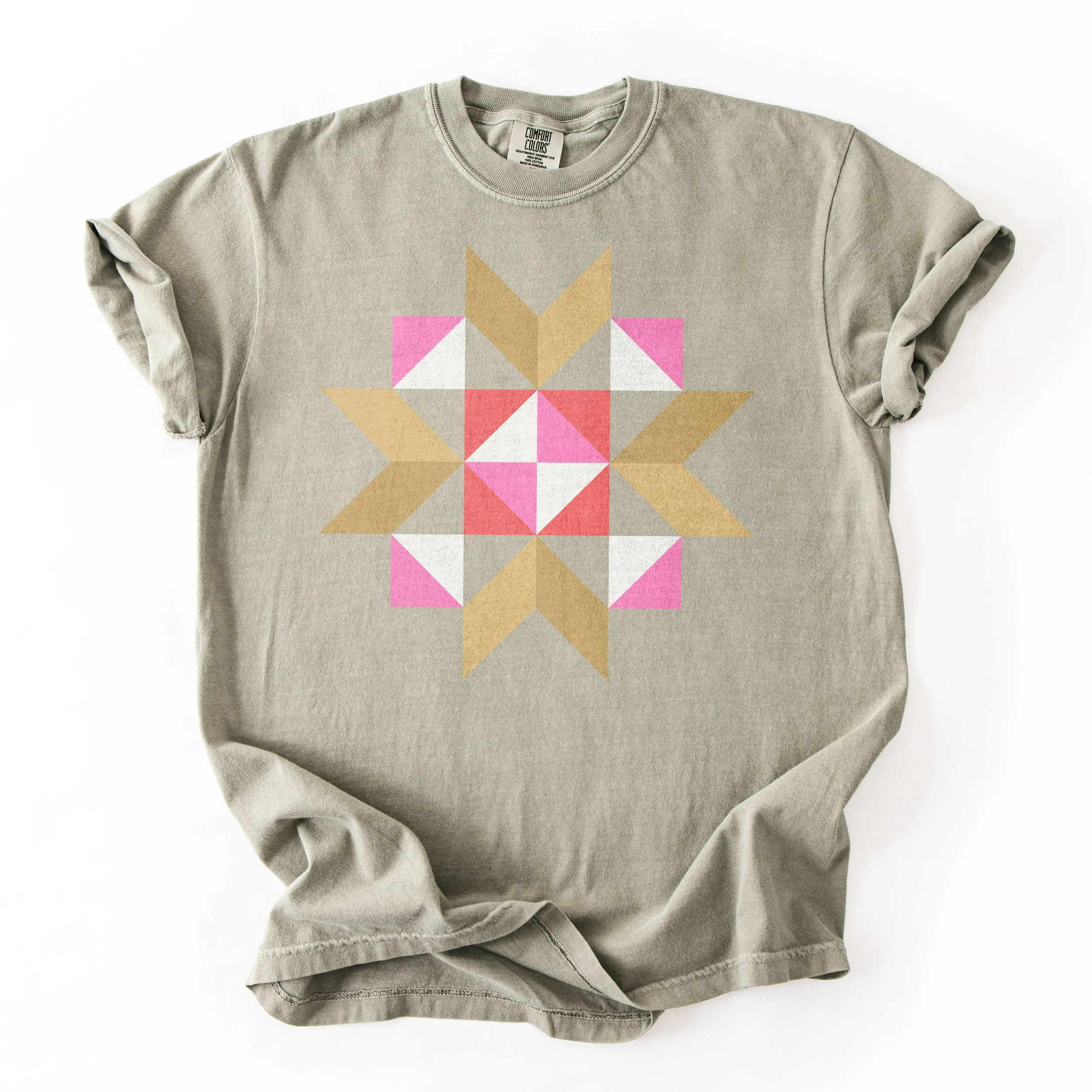 Sunday Social quilt block t-shirt by She Makes Joy in Sandstone, a Comfort Colors tee with a pink, red, white, and gold star block