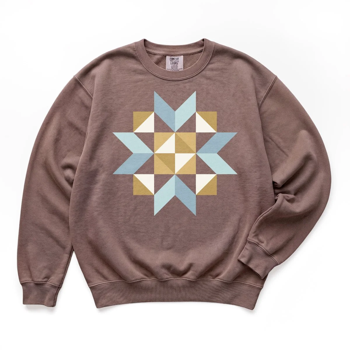 Sunday Social quilt block sweatshirt by She Makes Joy in Espresso, a Comfort Colors crewneck with a blue, gold, and white star block