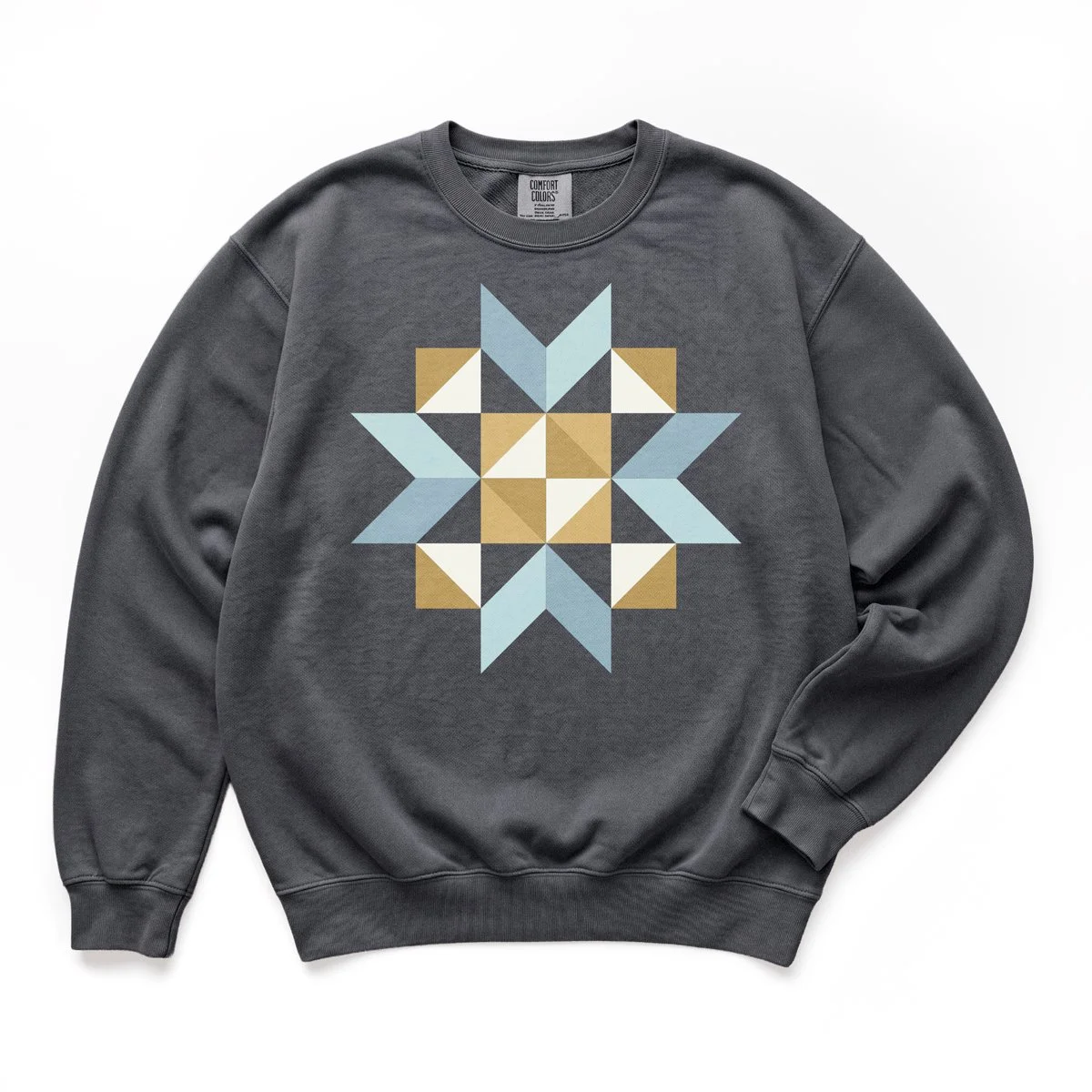 Sunday Social quilt block sweatshirt by She Makes Joy in Pepper, a Comfort Colors crewneck with a blue, gold, and white star block