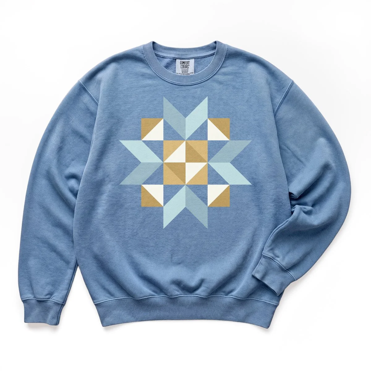 Sunday Social quilt block sweatshirt by She Makes Joy in Blue Jean, a Comfort Colors crewneck with a blue, gold, and white star block