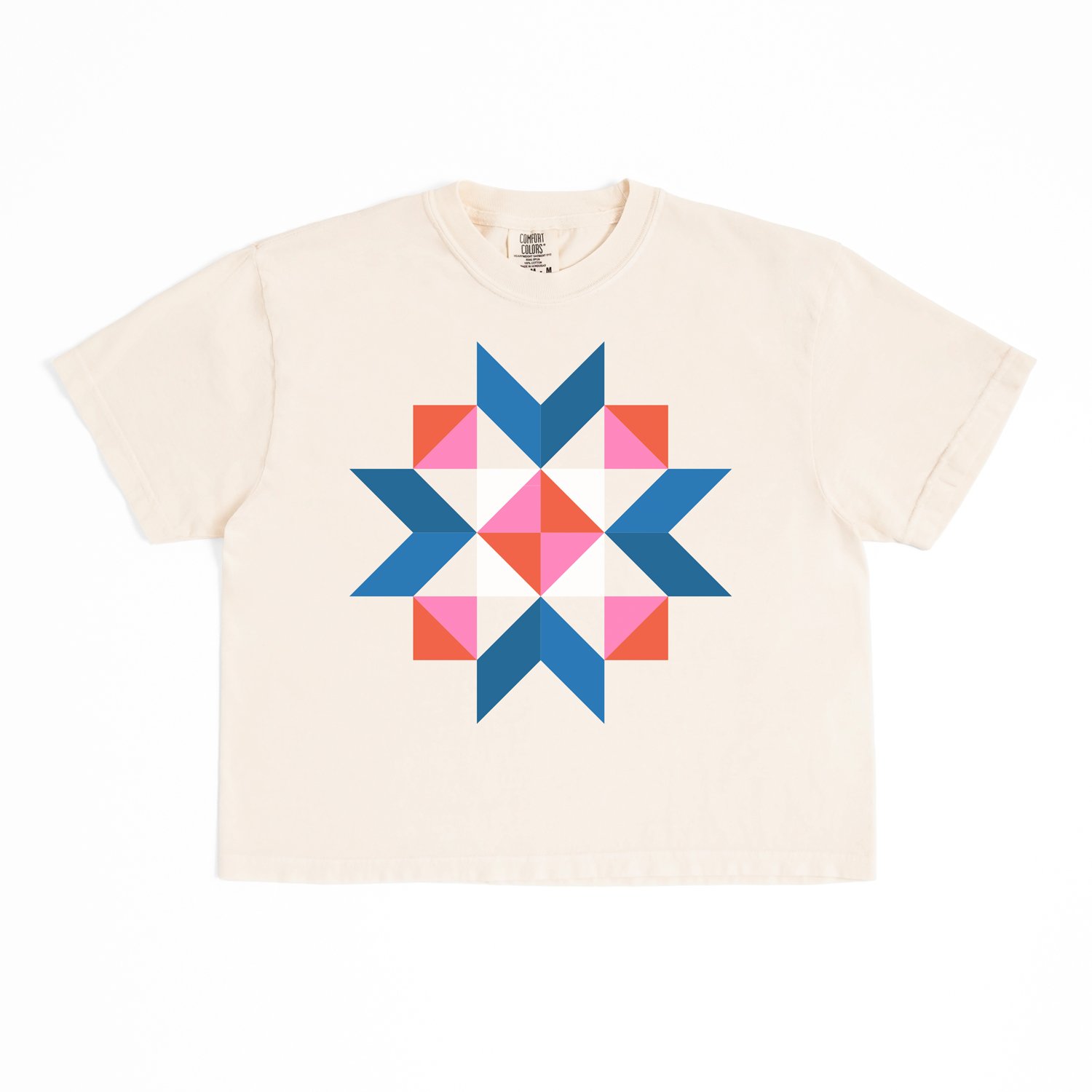 Sunday Social quilt block boxy t-shirt by She Makes Joy in Ivory, a Comfort Colors boxy tee with a blue, coral, and pink star block