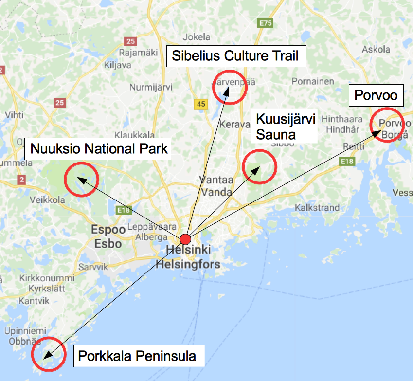 map of best nature trip locations around Helsinki Guided tours to National Parks, sauna trip, Porvoo trip